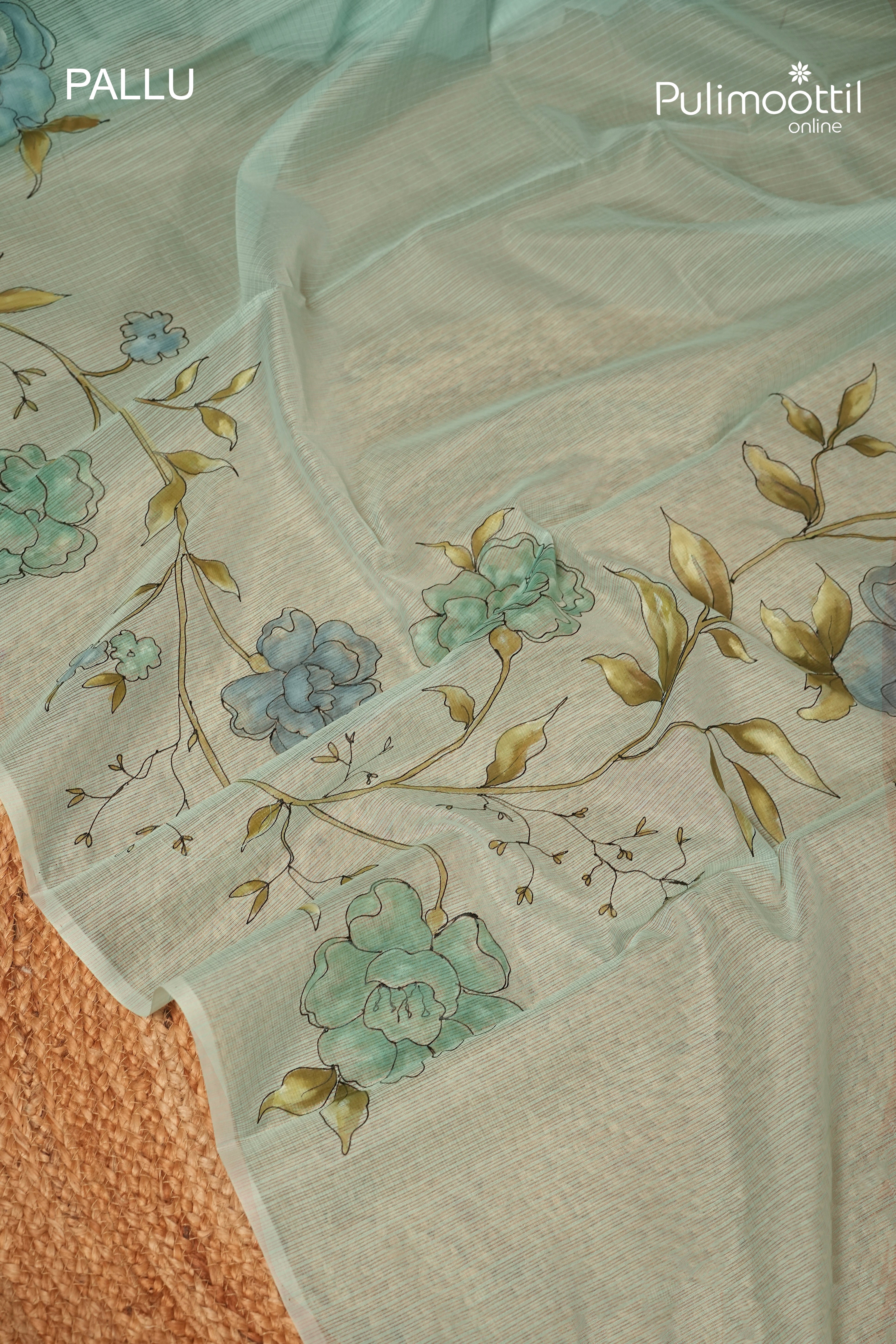 Mint Blue Colour Net Cotta Free Hand Floral Painting Saree