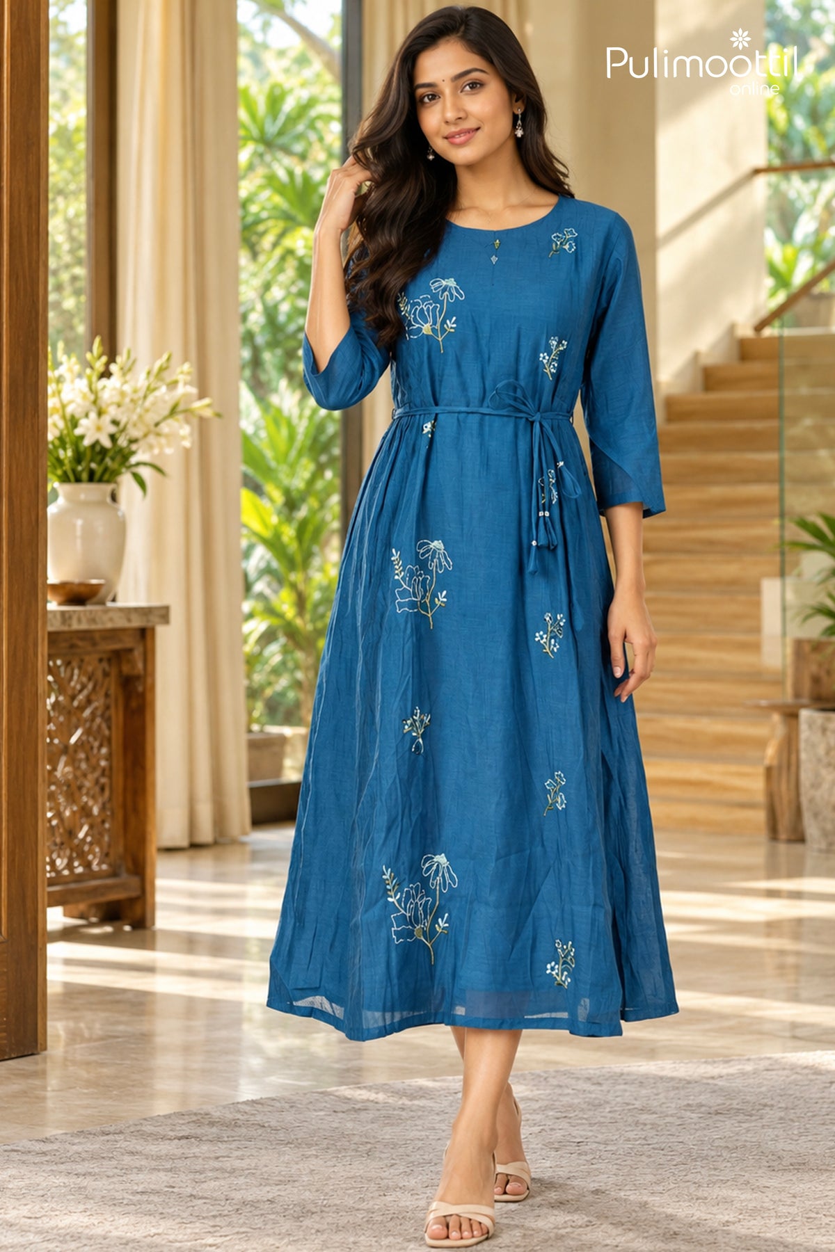 German Blue Colour Blended Chanderi frock