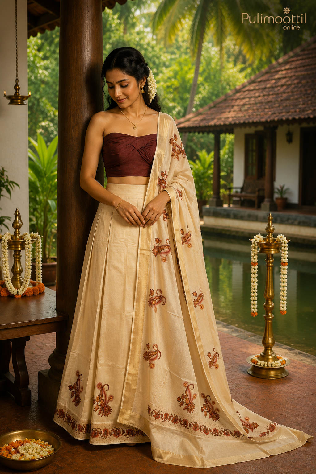Onam Special Kerala Traditional Golden Tissue Dhavani Set