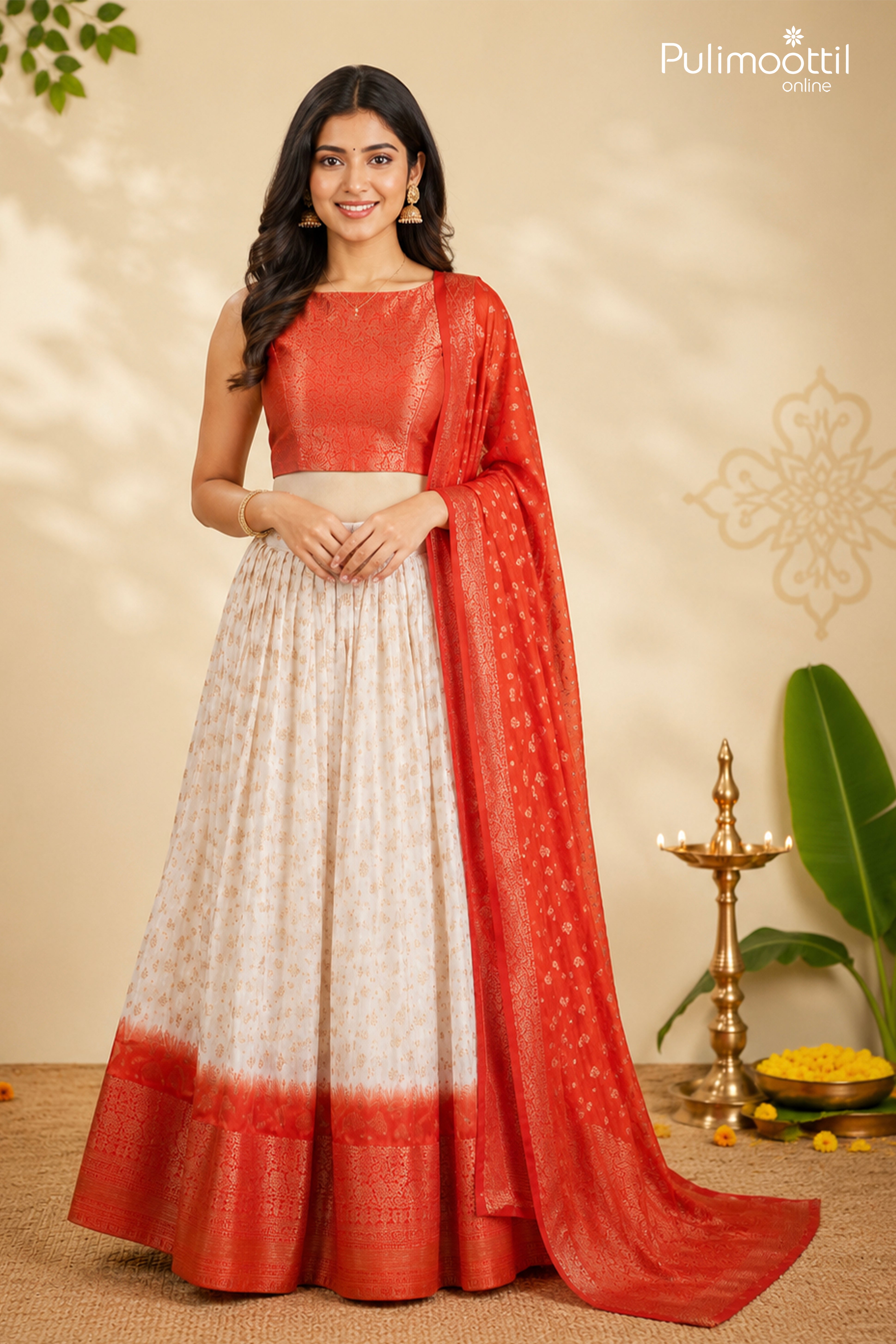 Ready-to-Stitch White Color Semi Silk Banarasi Dhavani Set