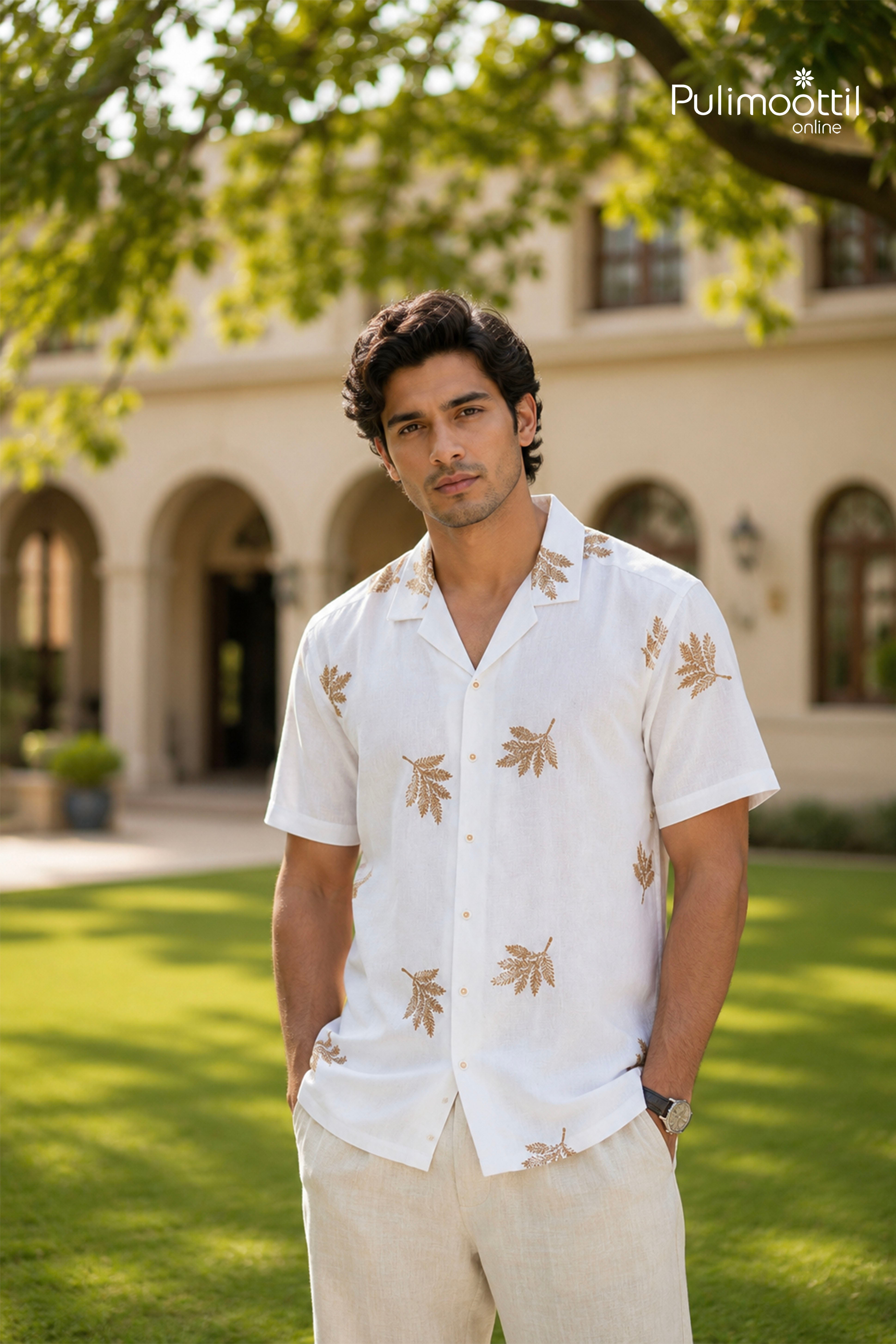 White Color Half Sleeve Mens Shirt With Embroidered Leaf Motif