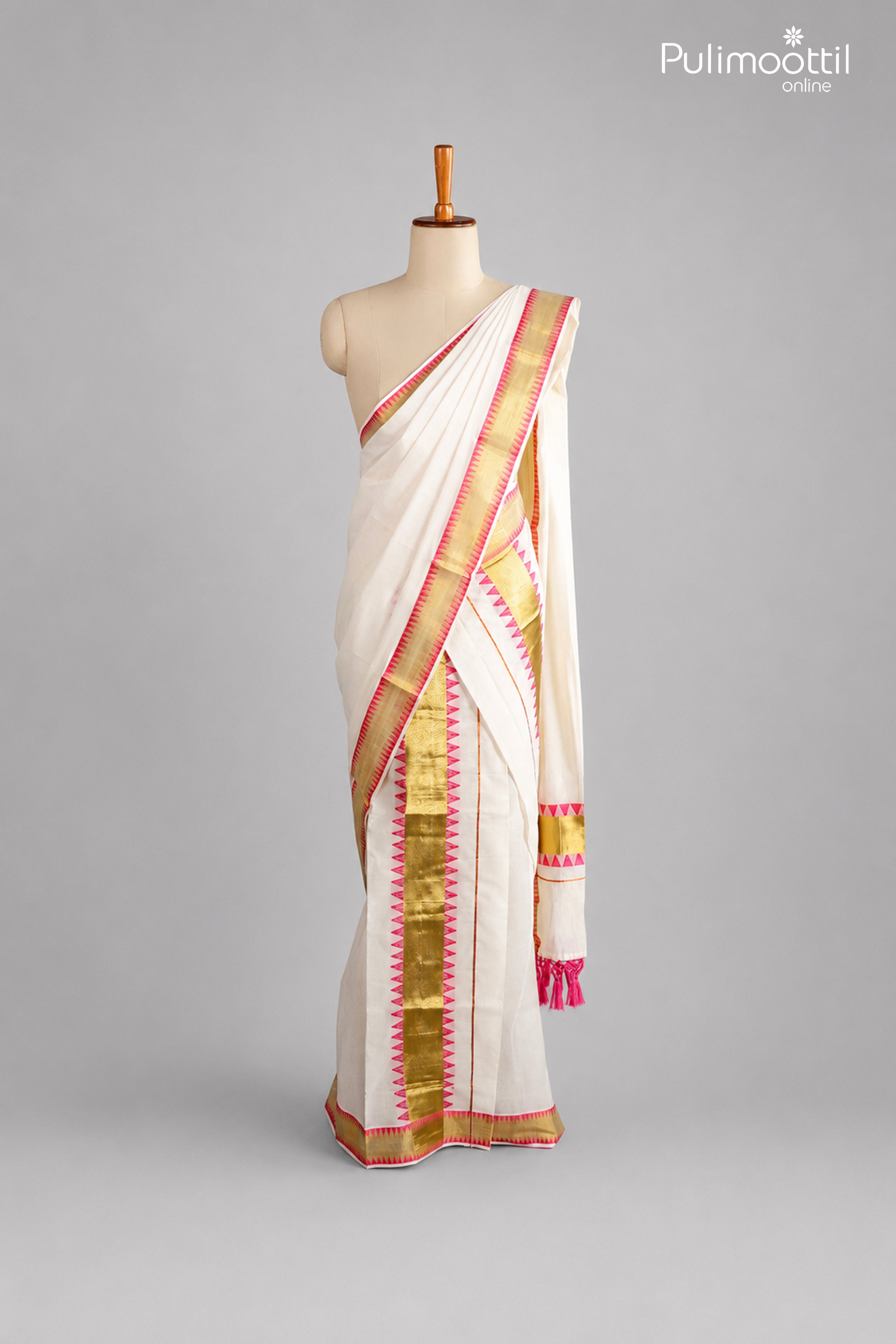 Onam Special Kerala Traditional Plain White with Pink Temple Set Dhoti