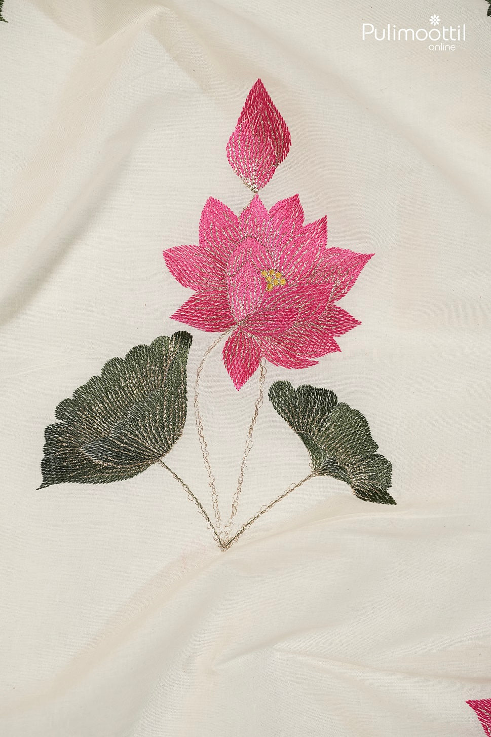 Cream Cotton Fabric with Pink Lotus Design