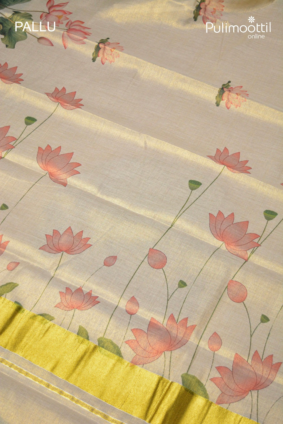 Kerala Traditional Golden Tissue Lotus Printed Set Saree