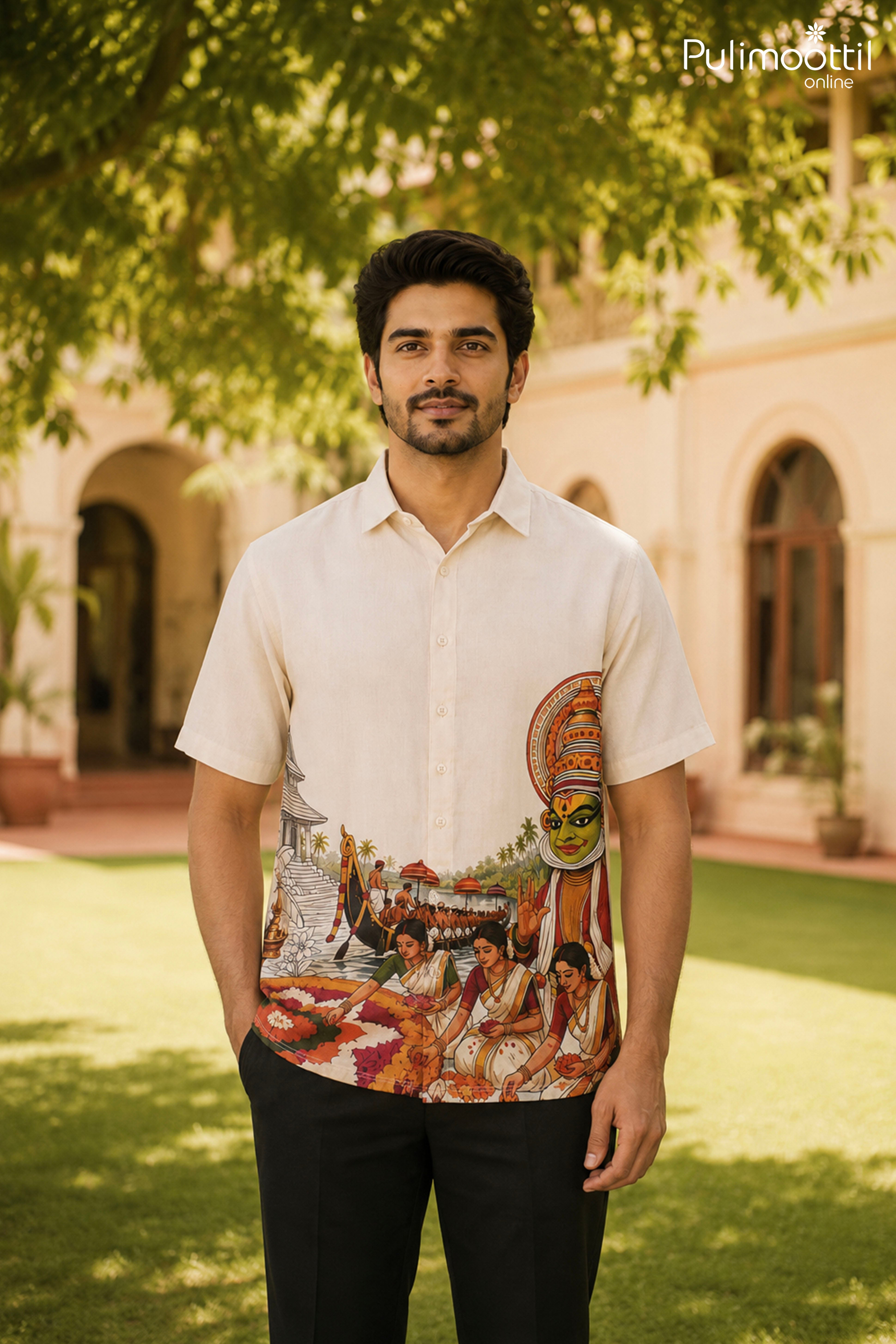 Off White Color Half Sleeve Mens Shirt With Kerala heritage Print