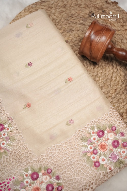 Beige Colour Semi Tussar Saree With Thread Work And Cut Work On Border.