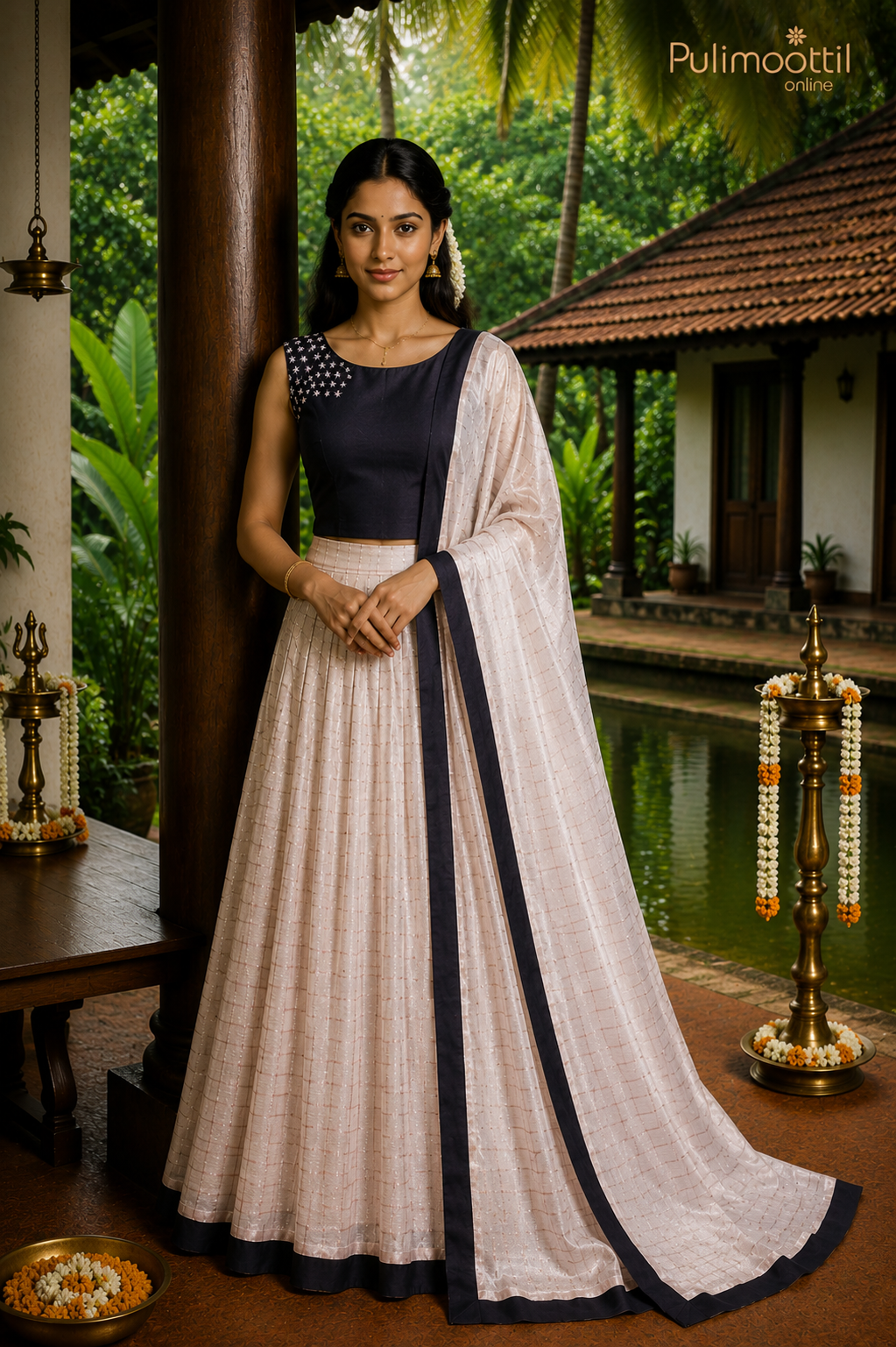 Ready-to-Stitch Rose Golden Tissue Dhavani Set