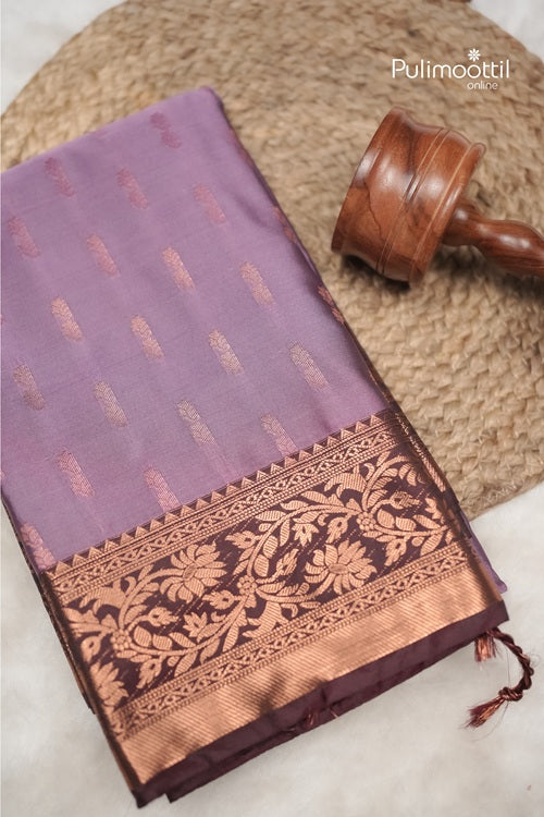 Lavender Semi Silk Saree With Contrast Coffee Brown Border.