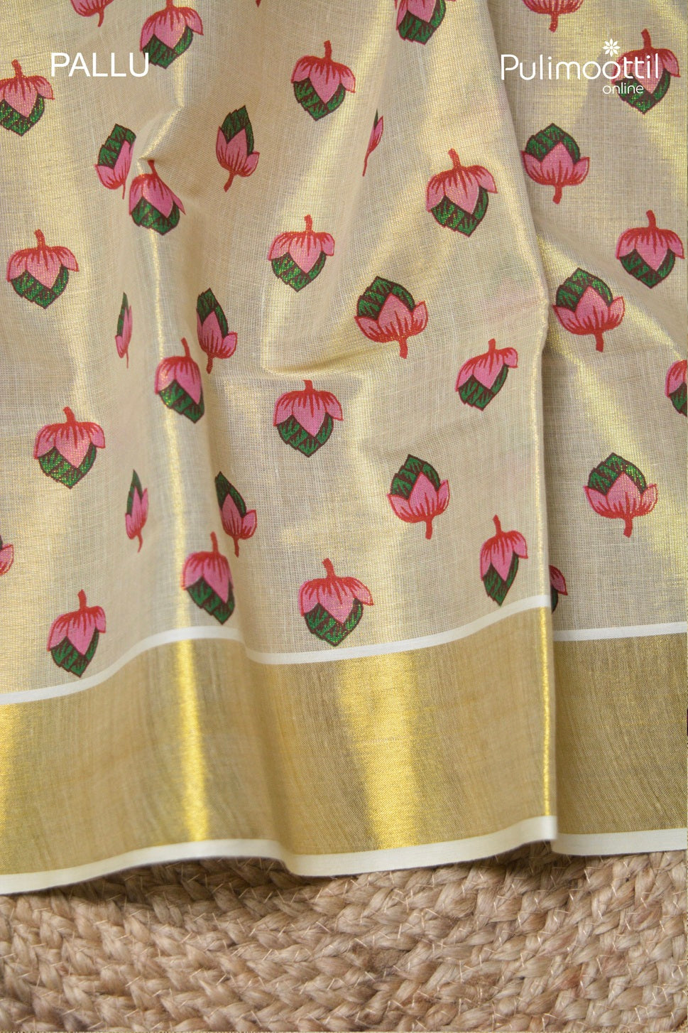 Kerala Traditional Golden Tissue Lotus Printed Set Saree