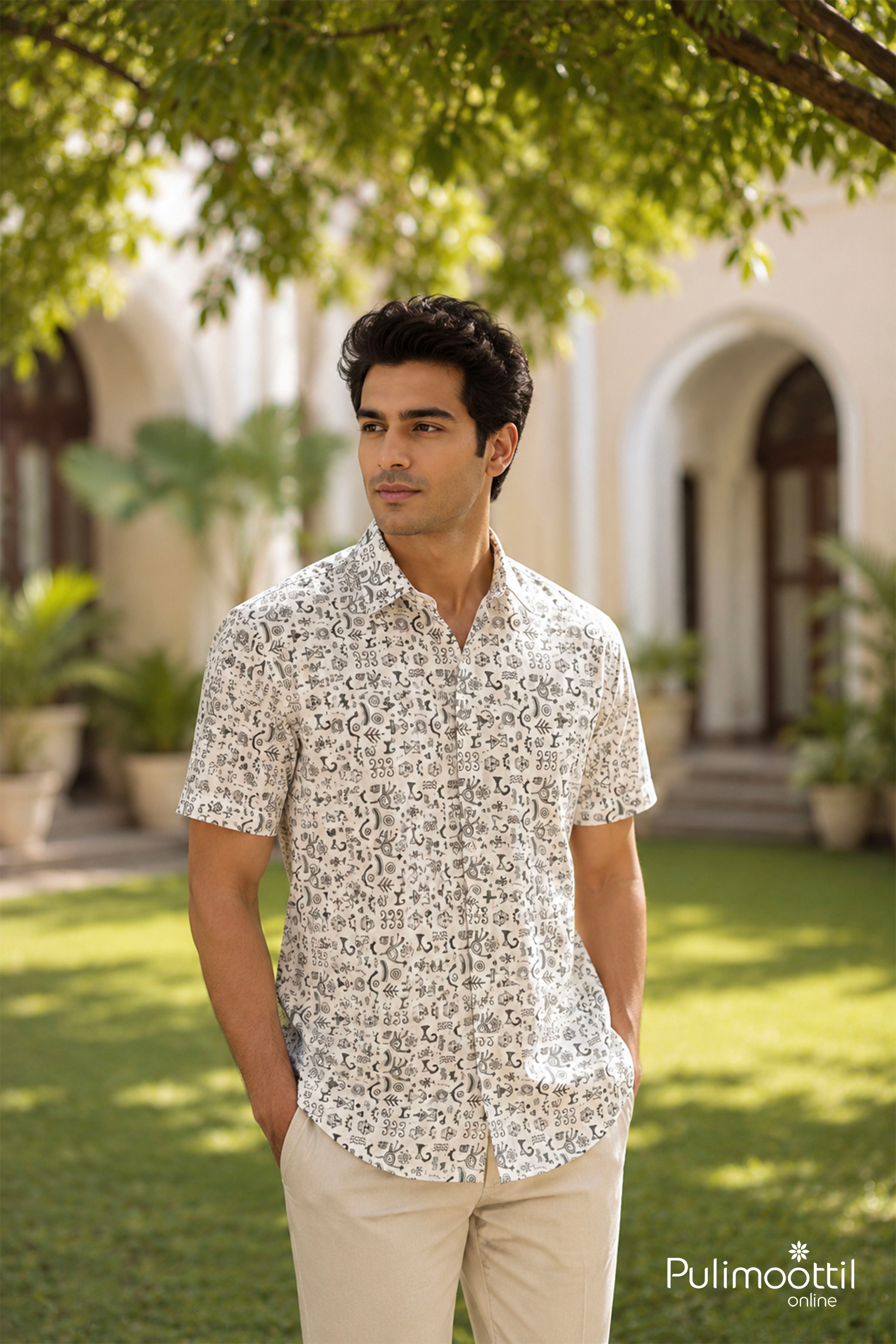 Whit Color Abstract Ethnic Print Half Sleeve Mens Shirt