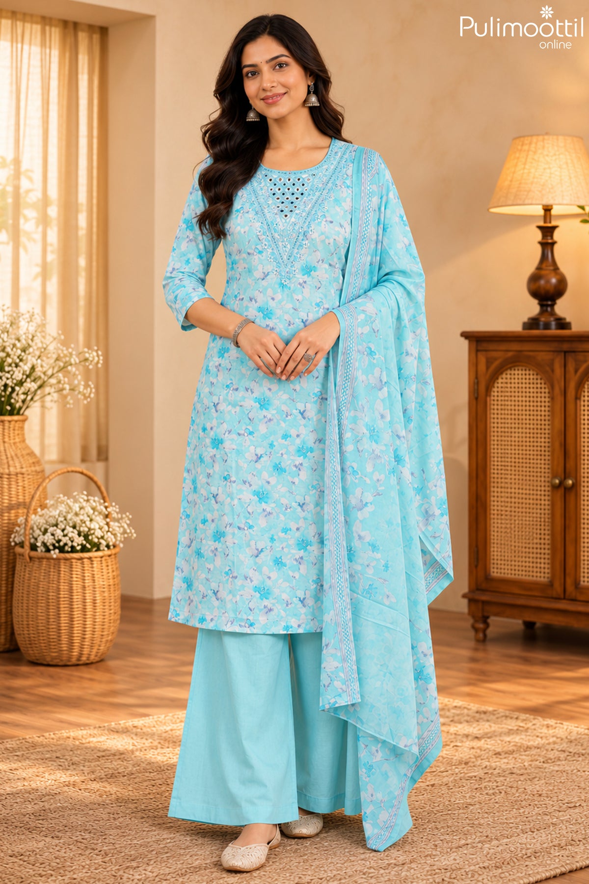 Sky blue cotton kurti set1
