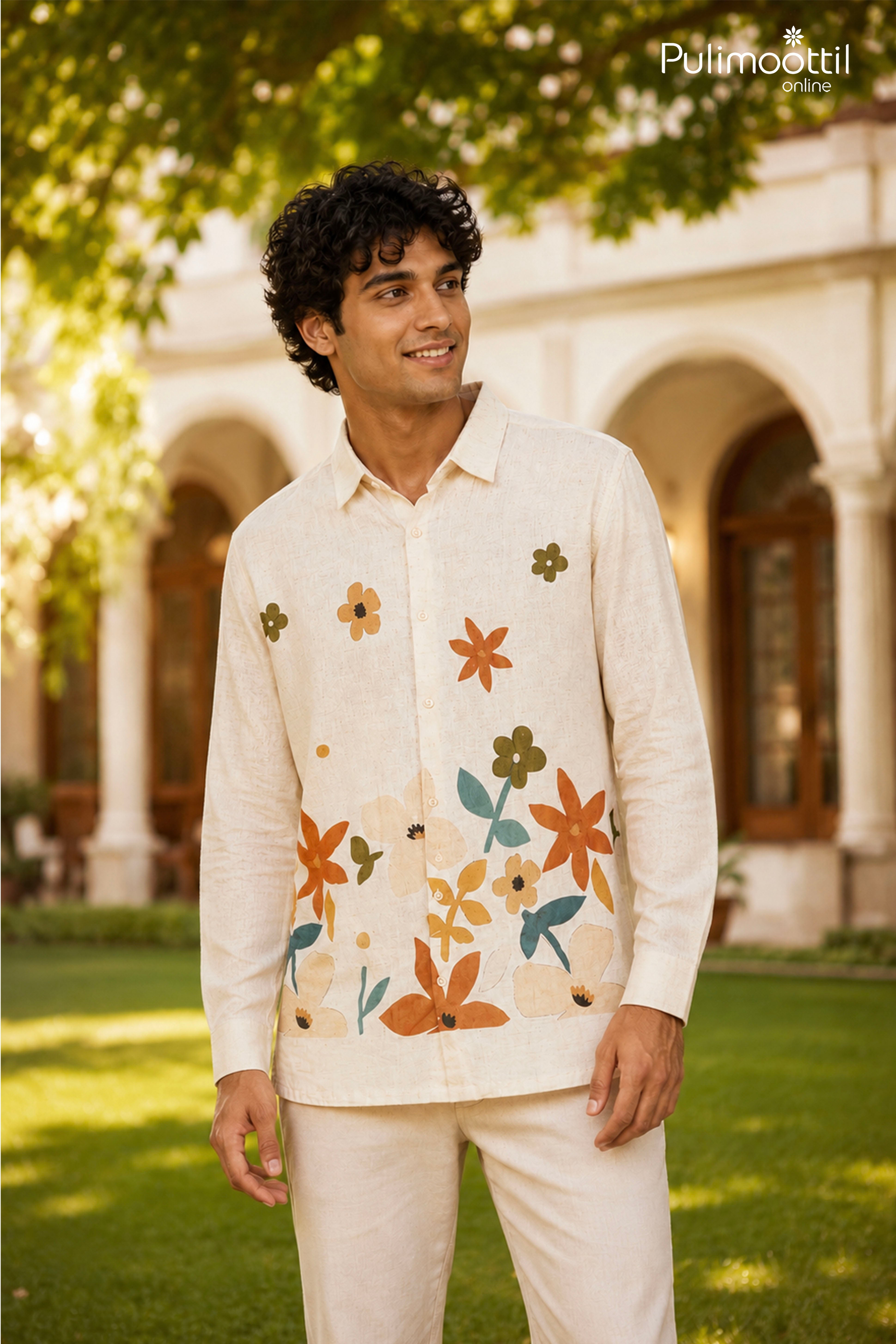 Off White Color Full Sleeve Mens Shirt With Abstract Floral Print