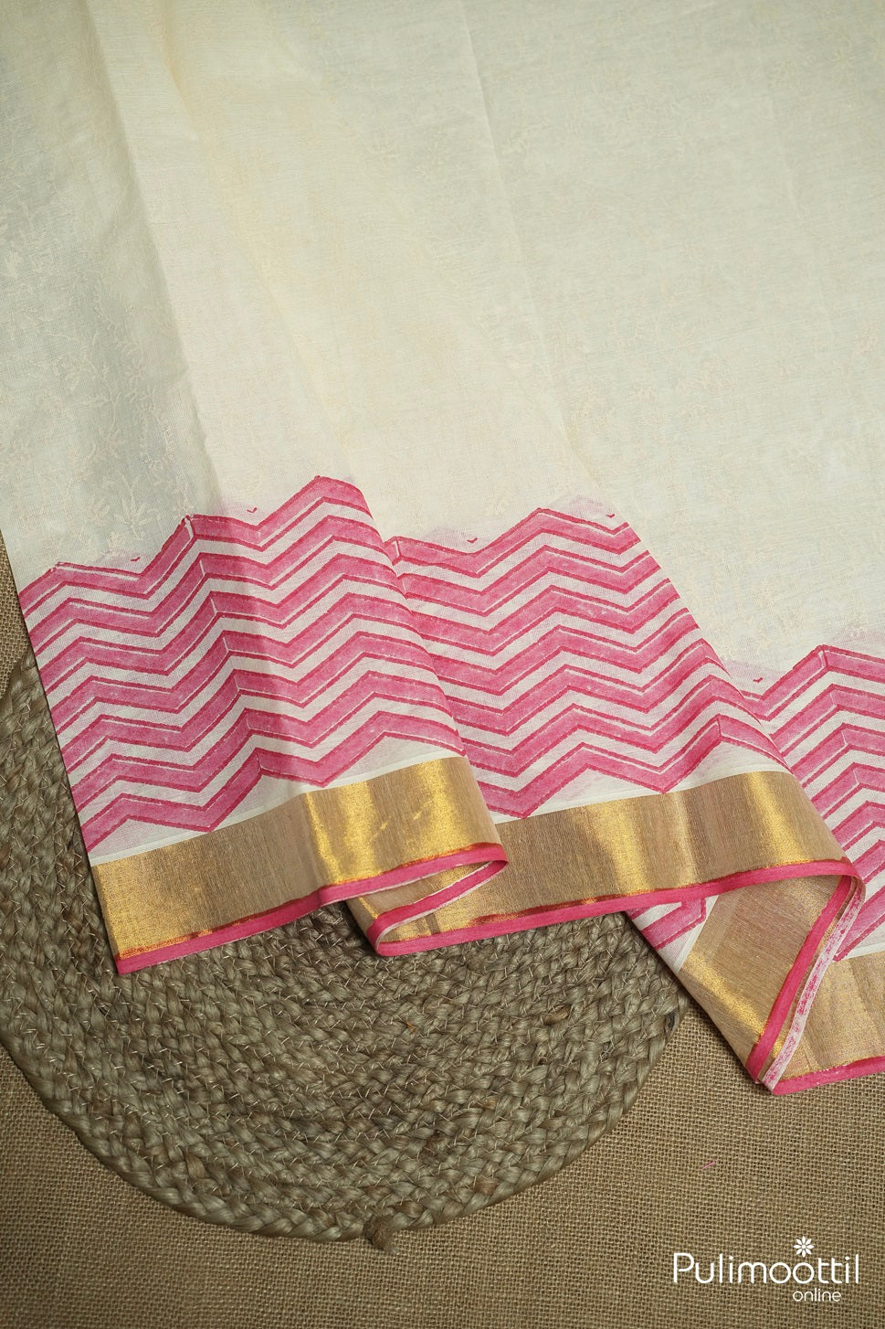 Off White Colour Block Printed Silk Saree