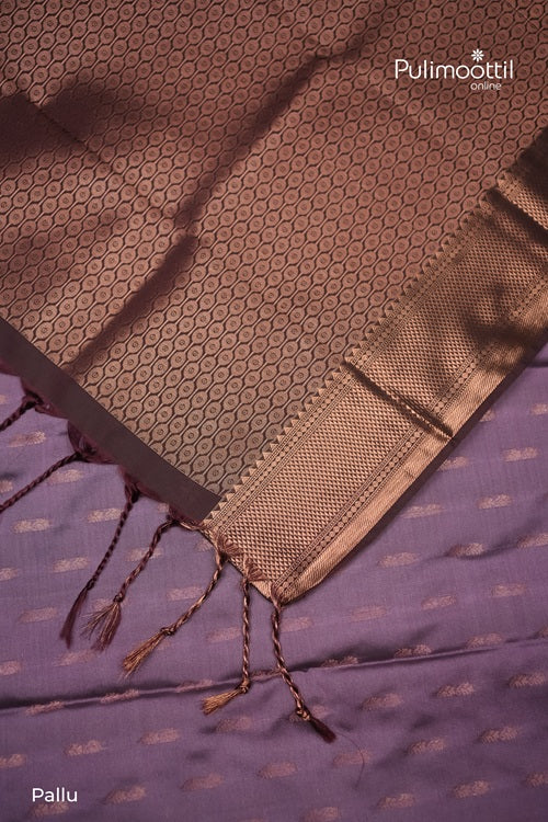 Lavender Semi Silk Saree With Contrast Coffee Brown Border.