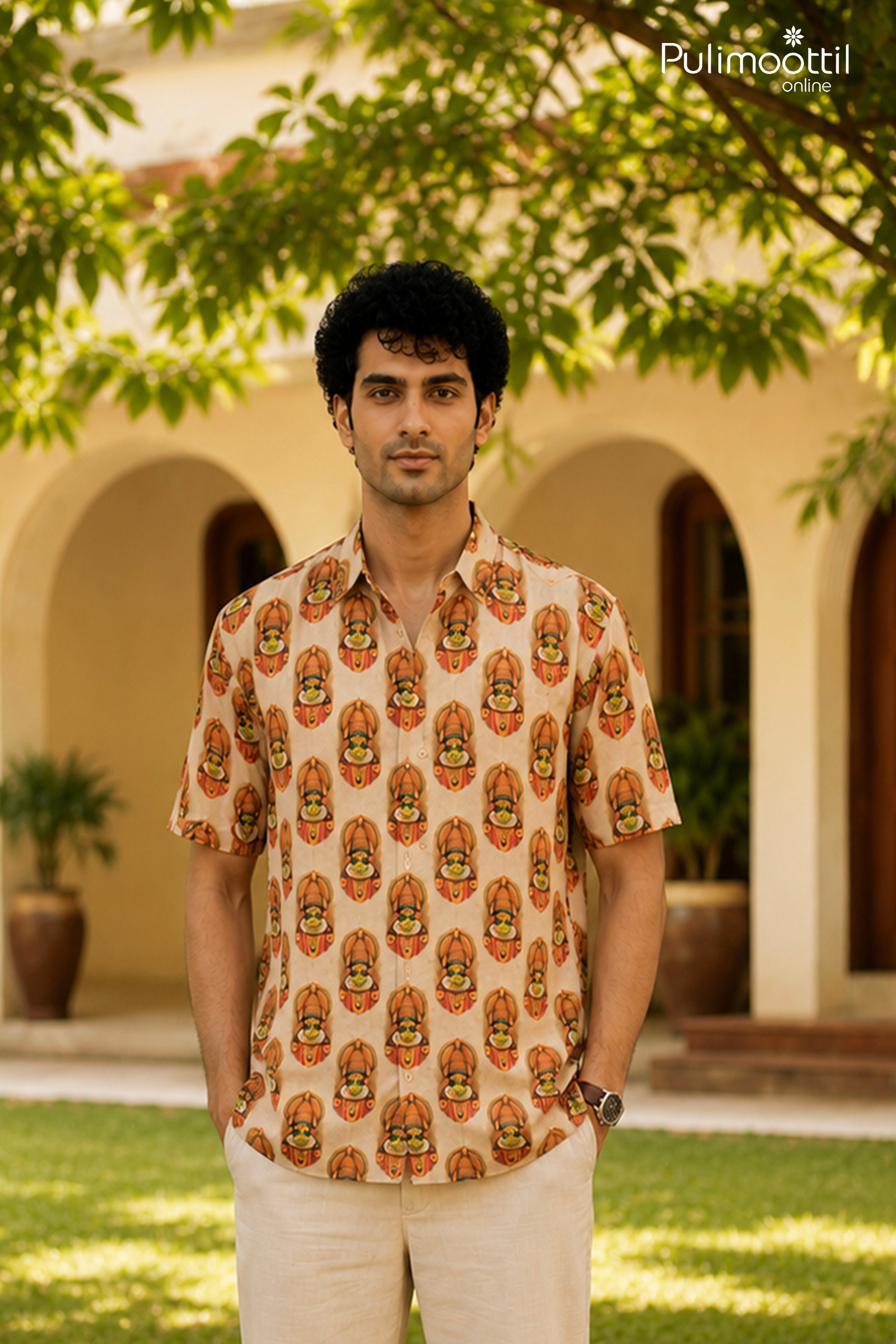 Off White Half Sleeve Mens Shirt With Kerala Kathakali Face Print