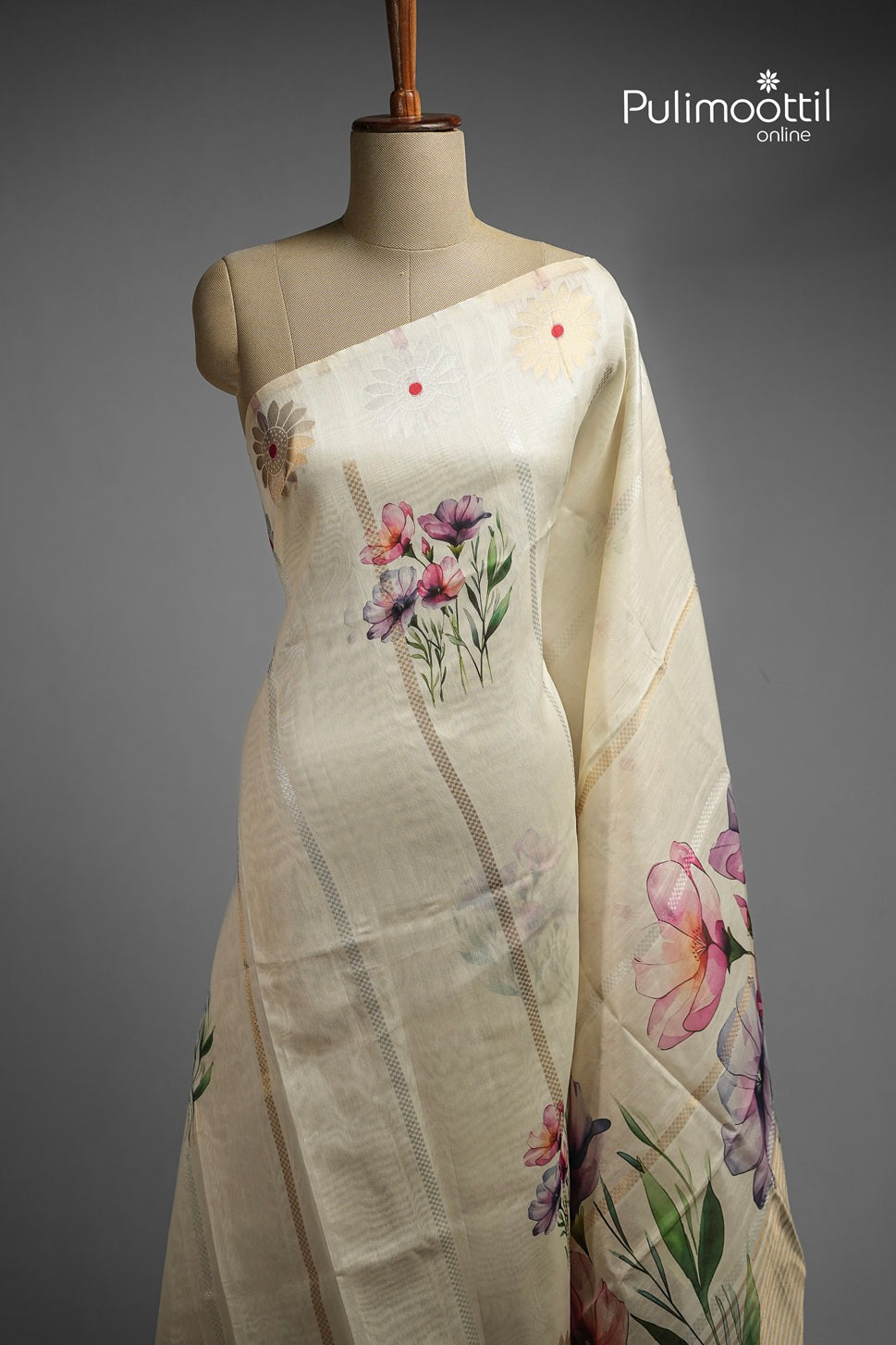 Off White Colour Semi Chanderi Traditional Saree