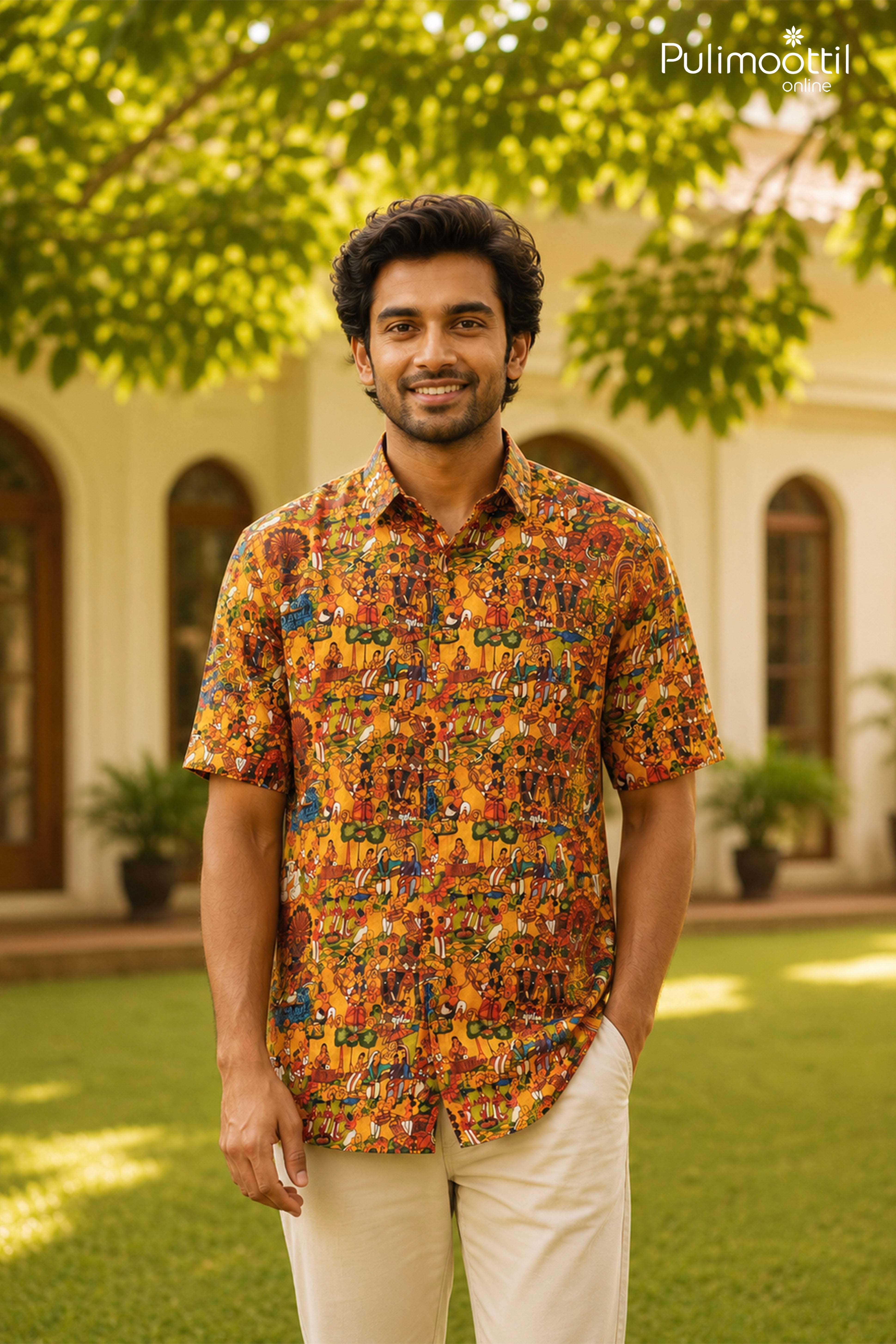 Orange Half Sleeve Mens Shirt With Vibrant Kerala Heritage Narrative Print