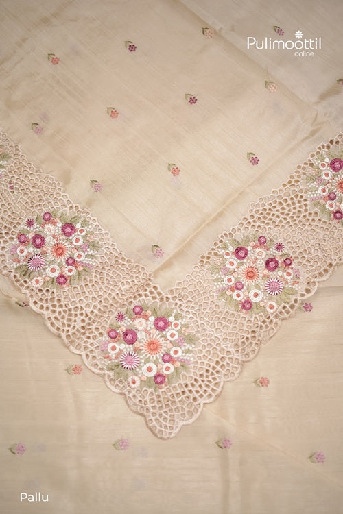 Beige Colour Semi Tussar Saree With Thread Work And Cut Work On Border.