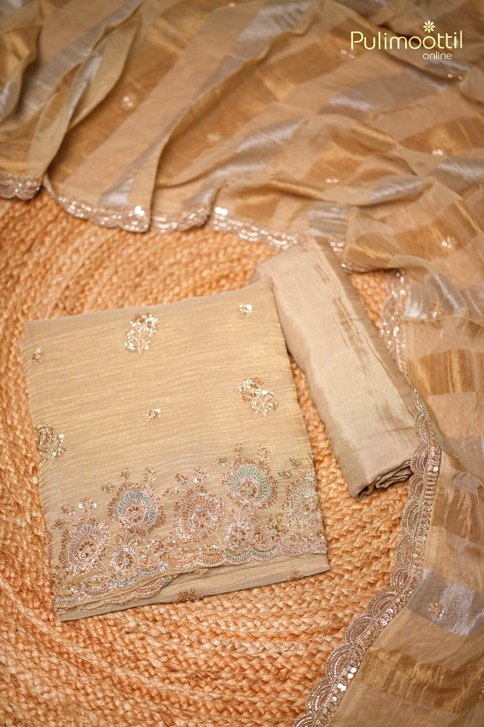 Golden Crushed Tissue Organza Unstitched Salwar Set