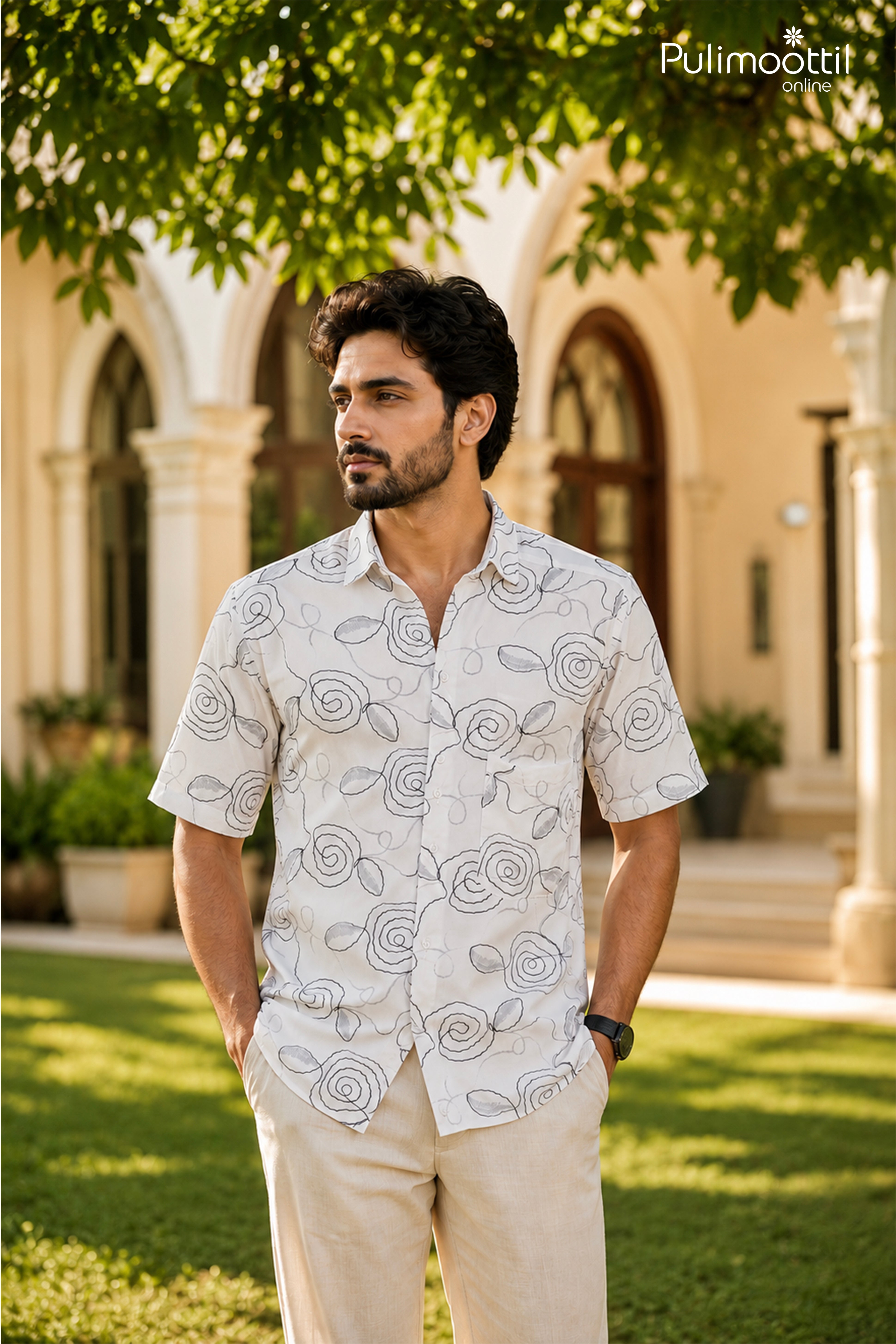 White Color Half Sleeve Mens Shirt With Abstract Line Art Print