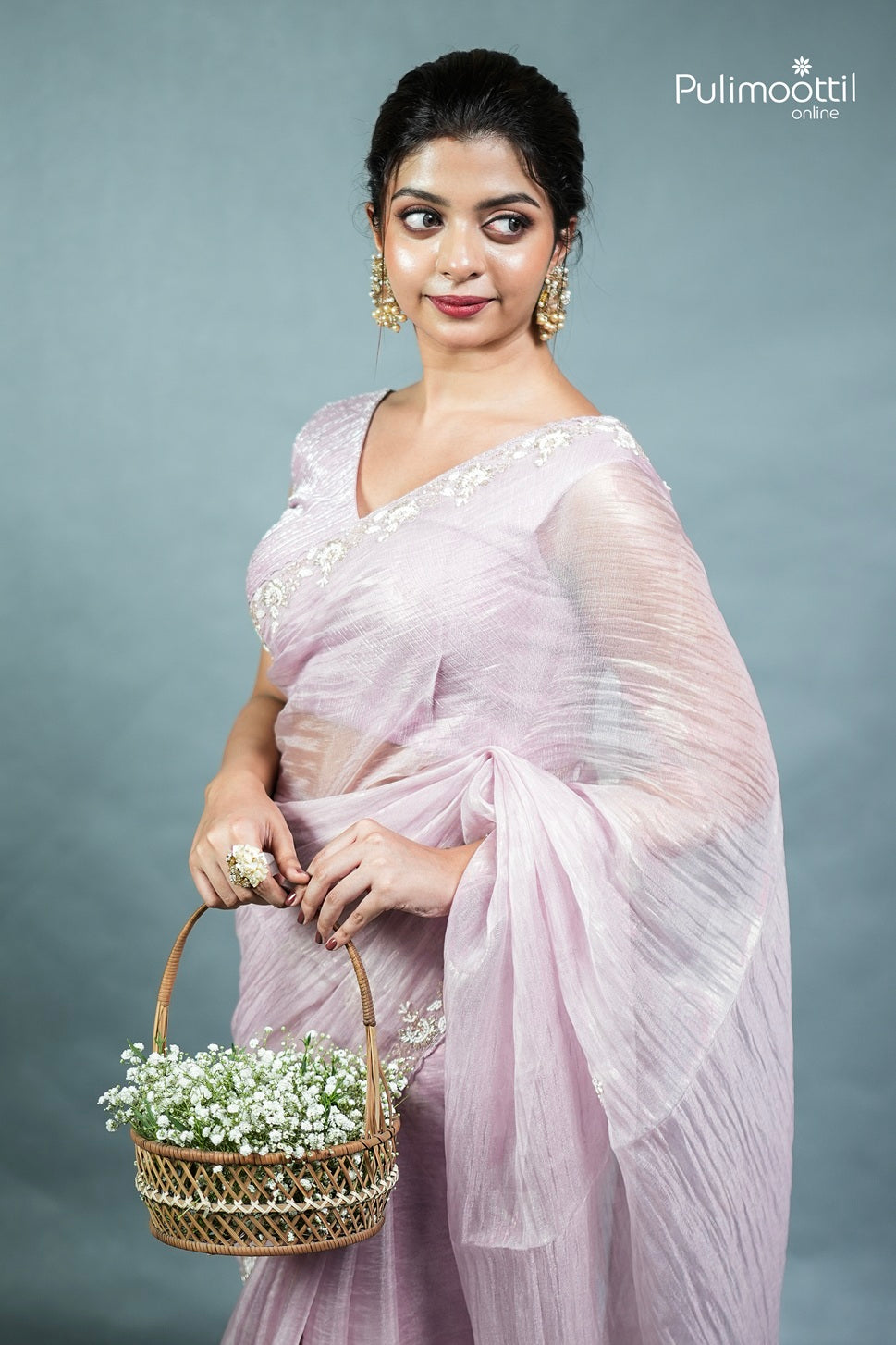 Pastel Lavender Colour Shimmer Crushed Organza Fancy Saree