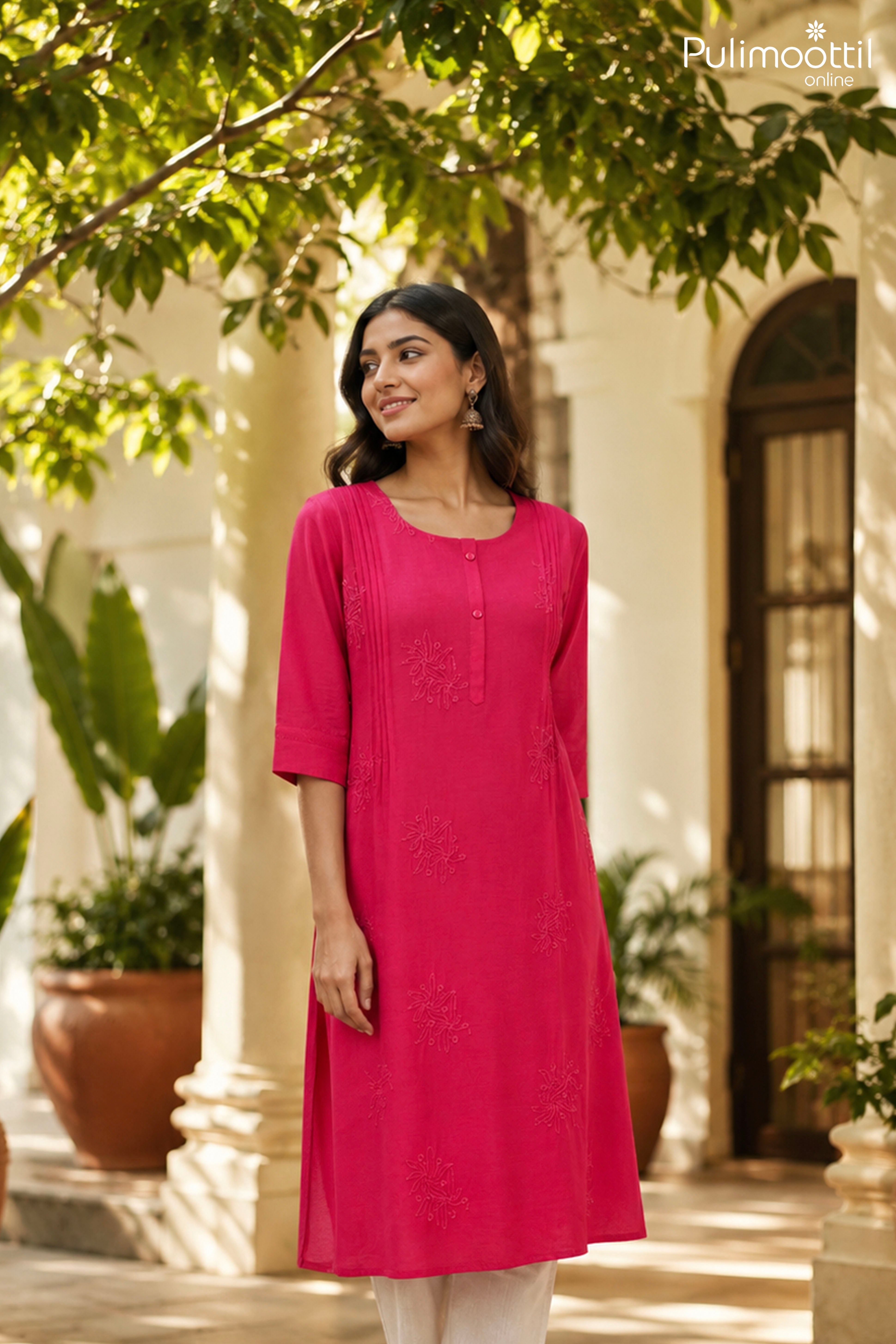 Pink Kurthi Featuring Elegant Tone-on-Tone Floral Vine Embroidery