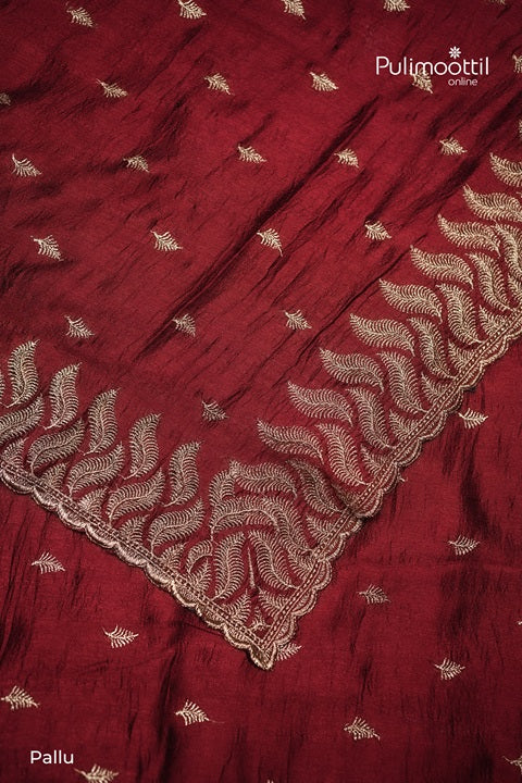 Reddish Maroon Vijithra Silk Golden Zari  Butta Work On Body.