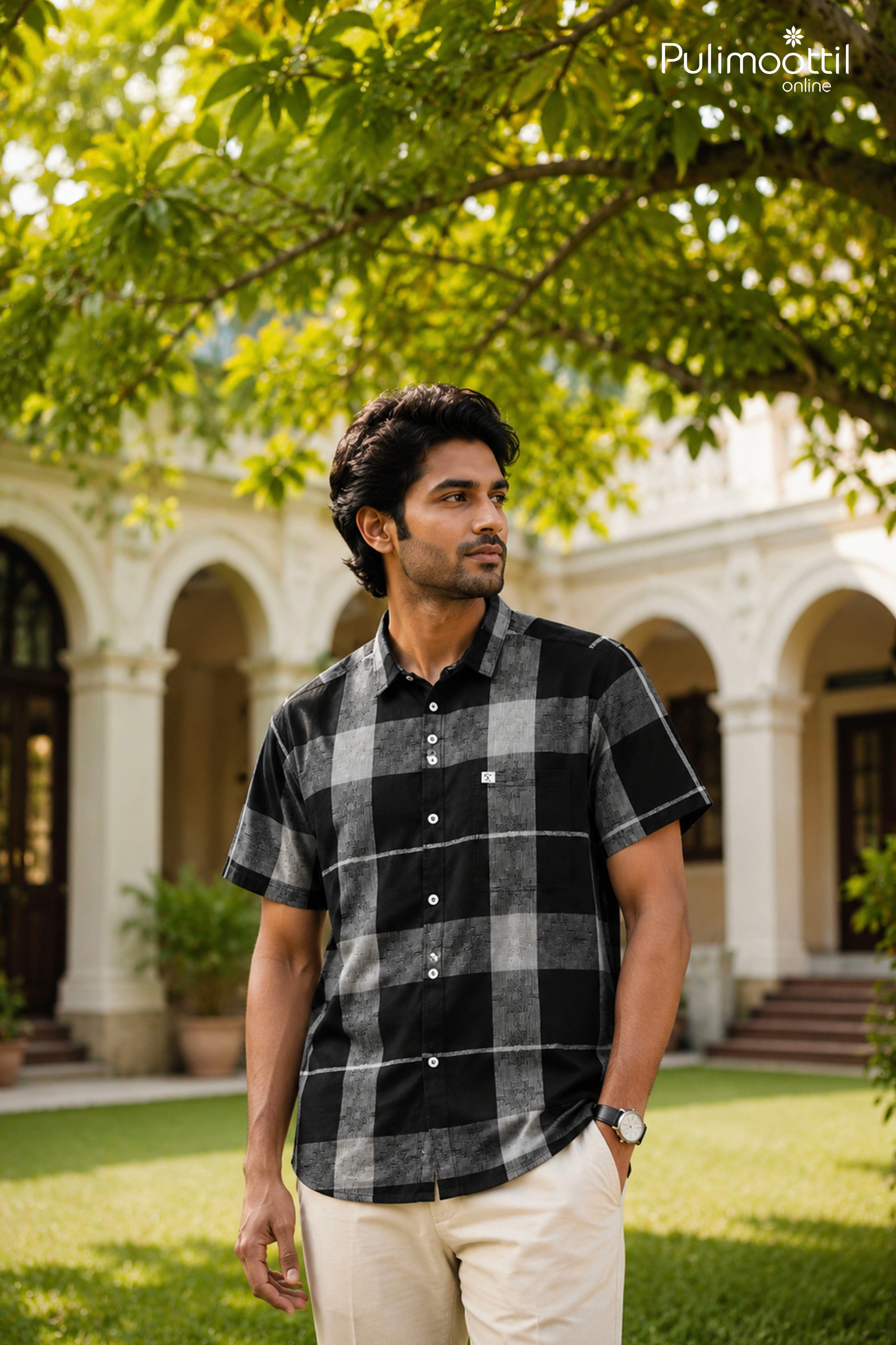 Black Color Half Sleeve Mens Shirt With Windowpane Check Pattern