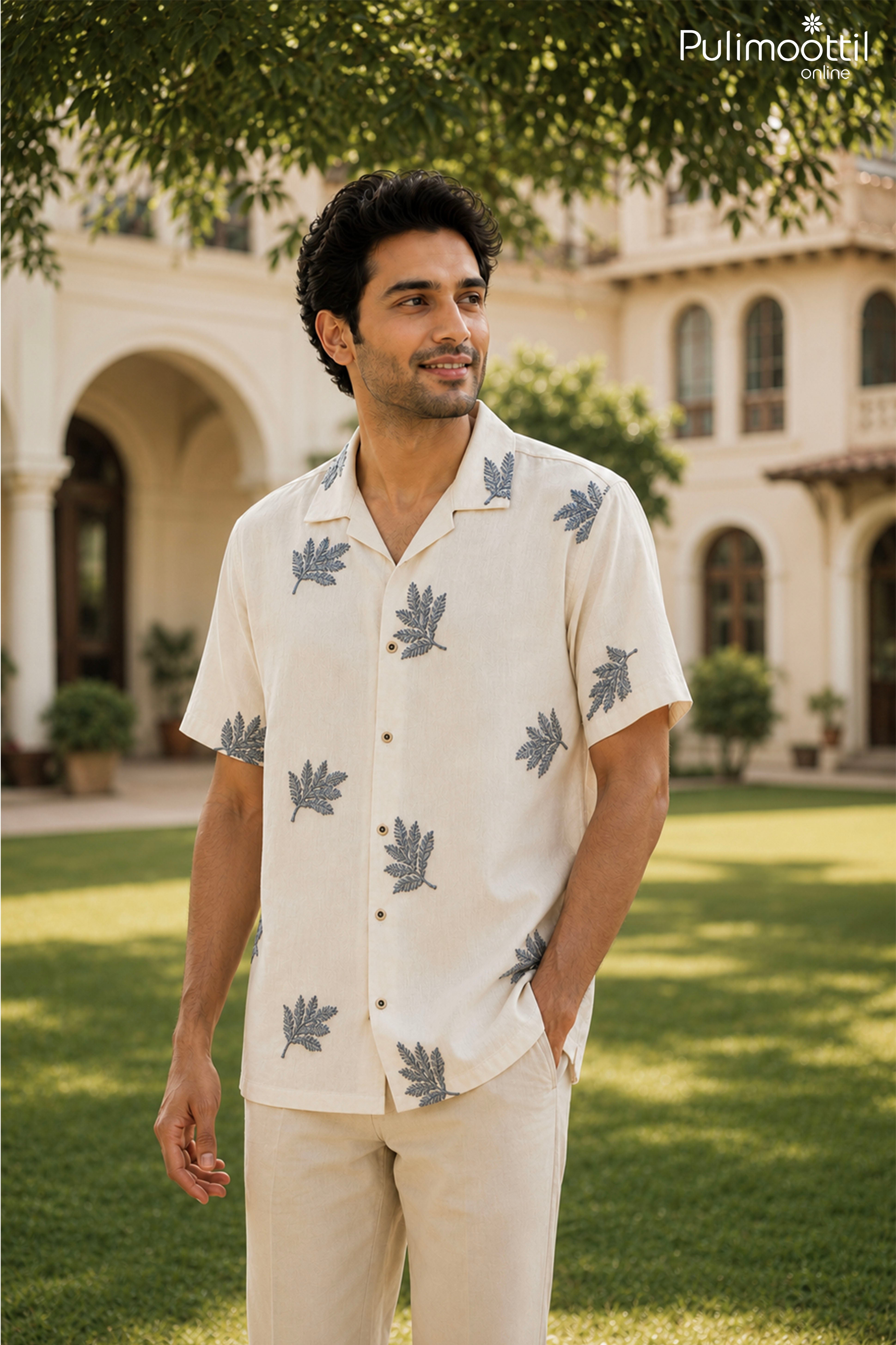 Off White Color Half Sleeve Mens Shirt With Embroidered Leaf Motif