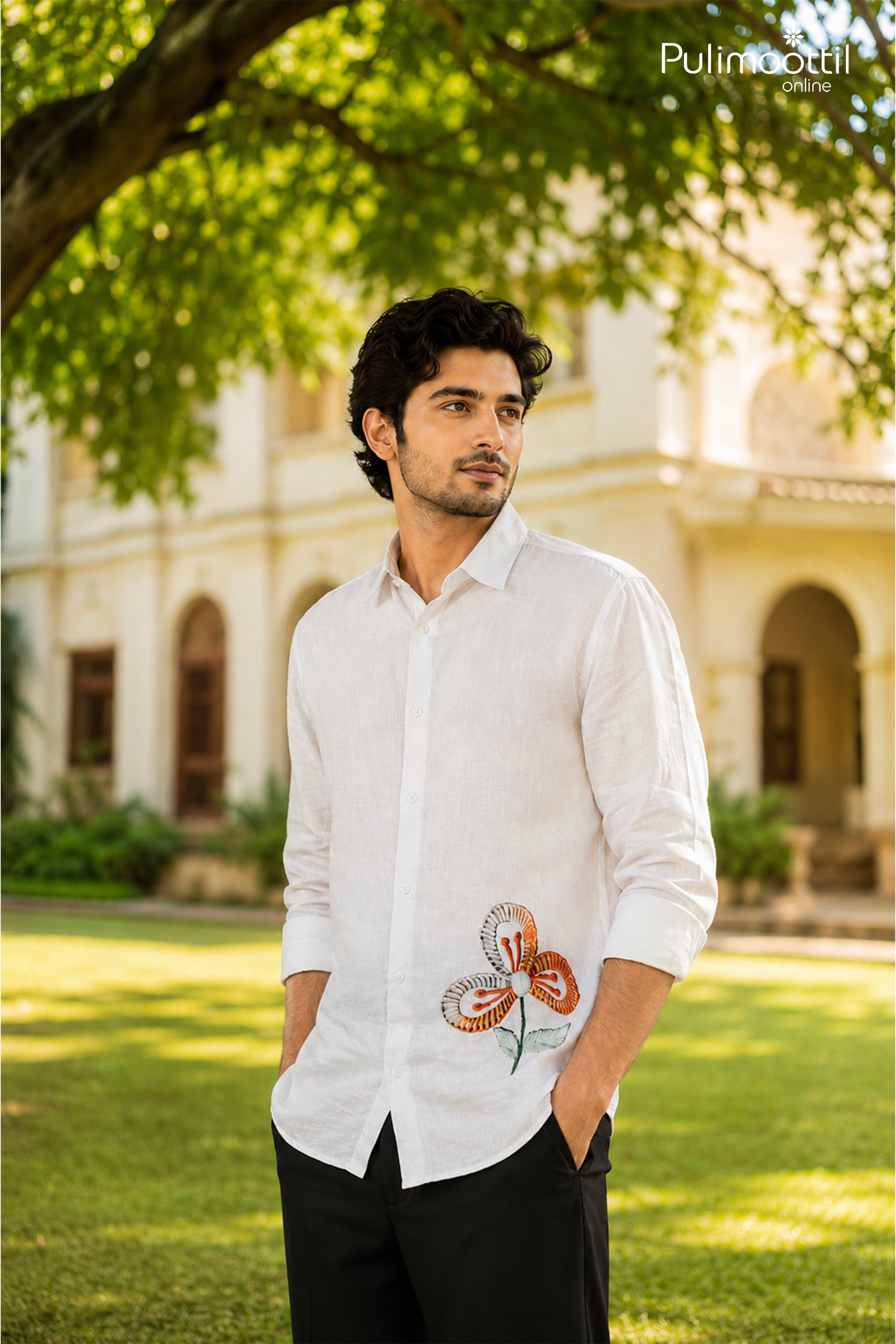 White Color Full Sleeve Mens Shirt With Floral Motif Print