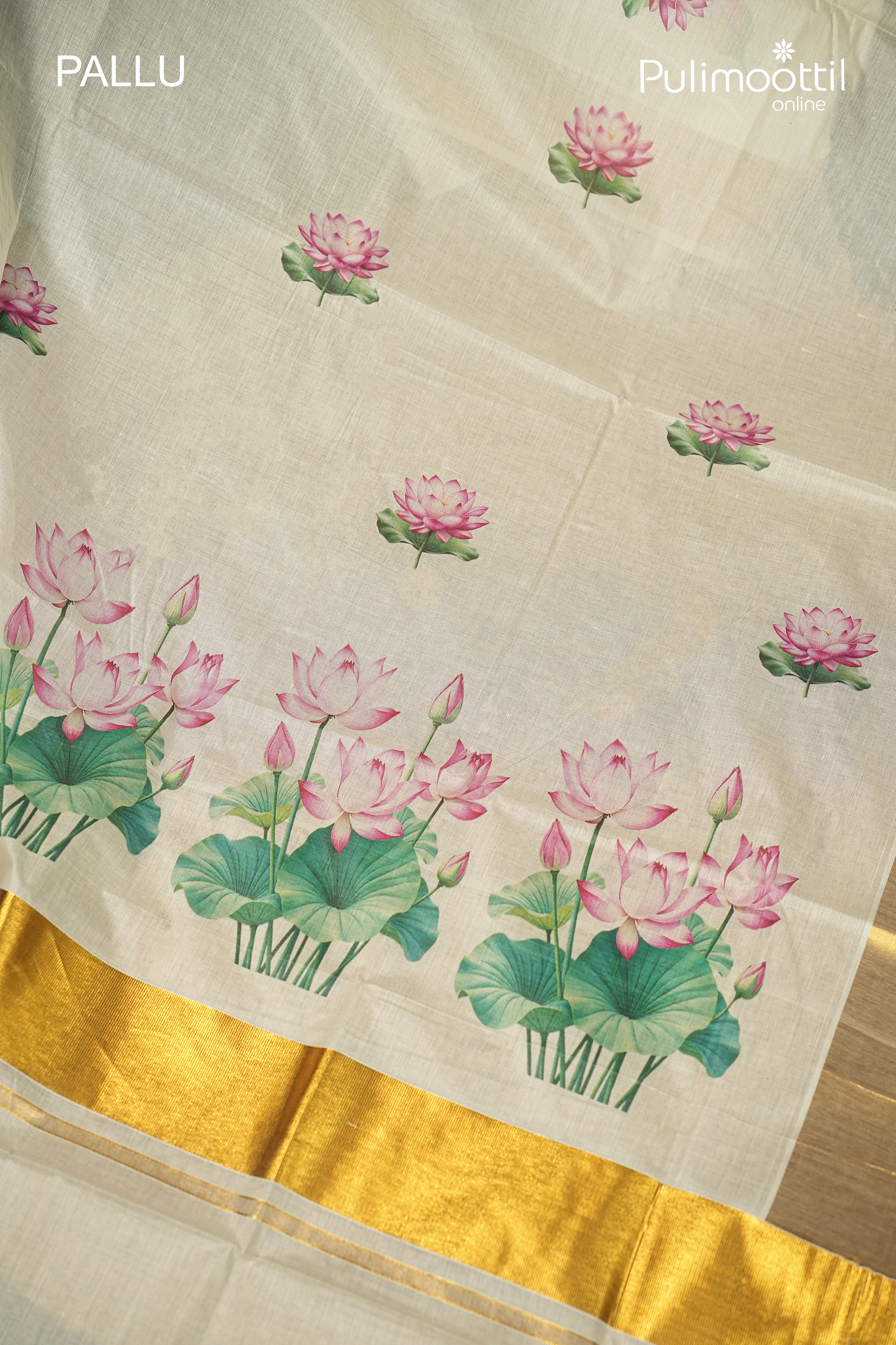Kerala Traditional Lotus Digital Printed Cotton Set Saree