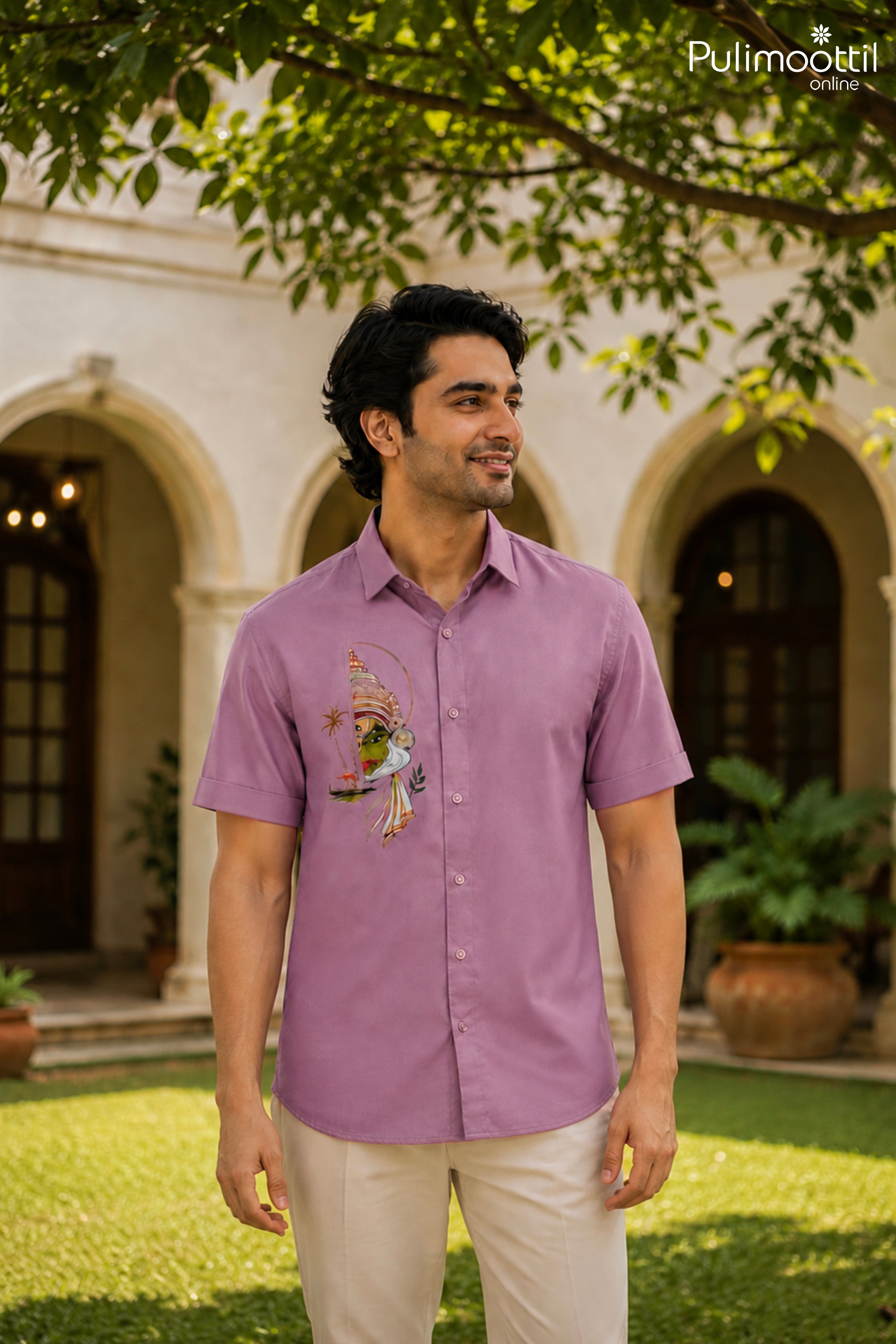 Lavender Shirt Half Sleeve With Kathakali Face Motif