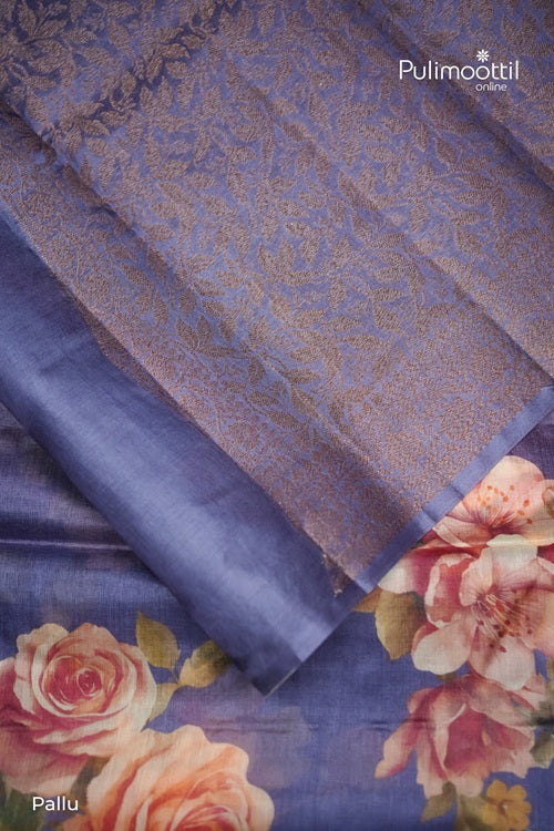 Lavender Floral Semi Silk Saree With A Full-Cover Floral And Leaf Vine Weave.