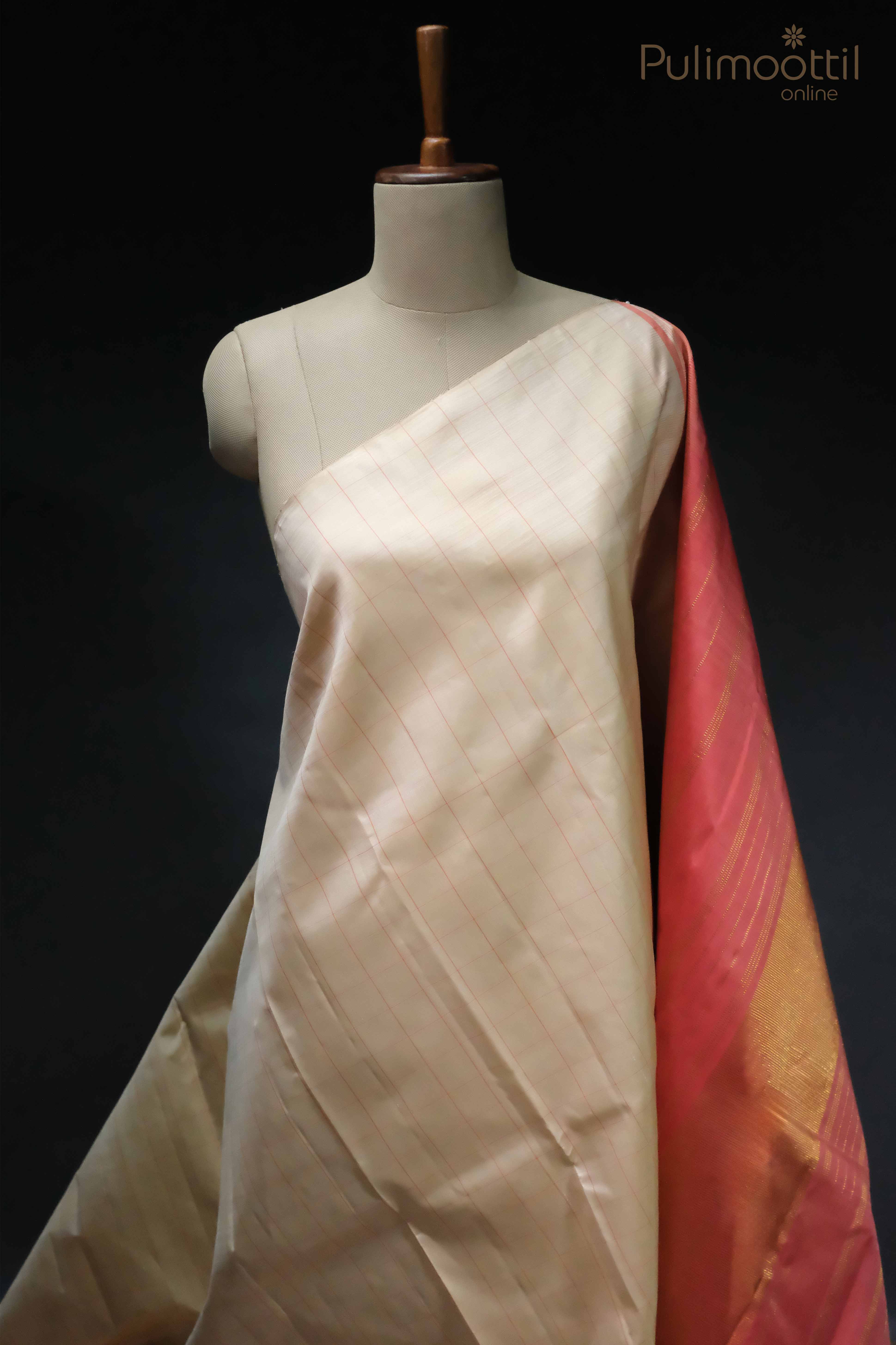 Cream Colour Pure Kanchipuram Silk Saree