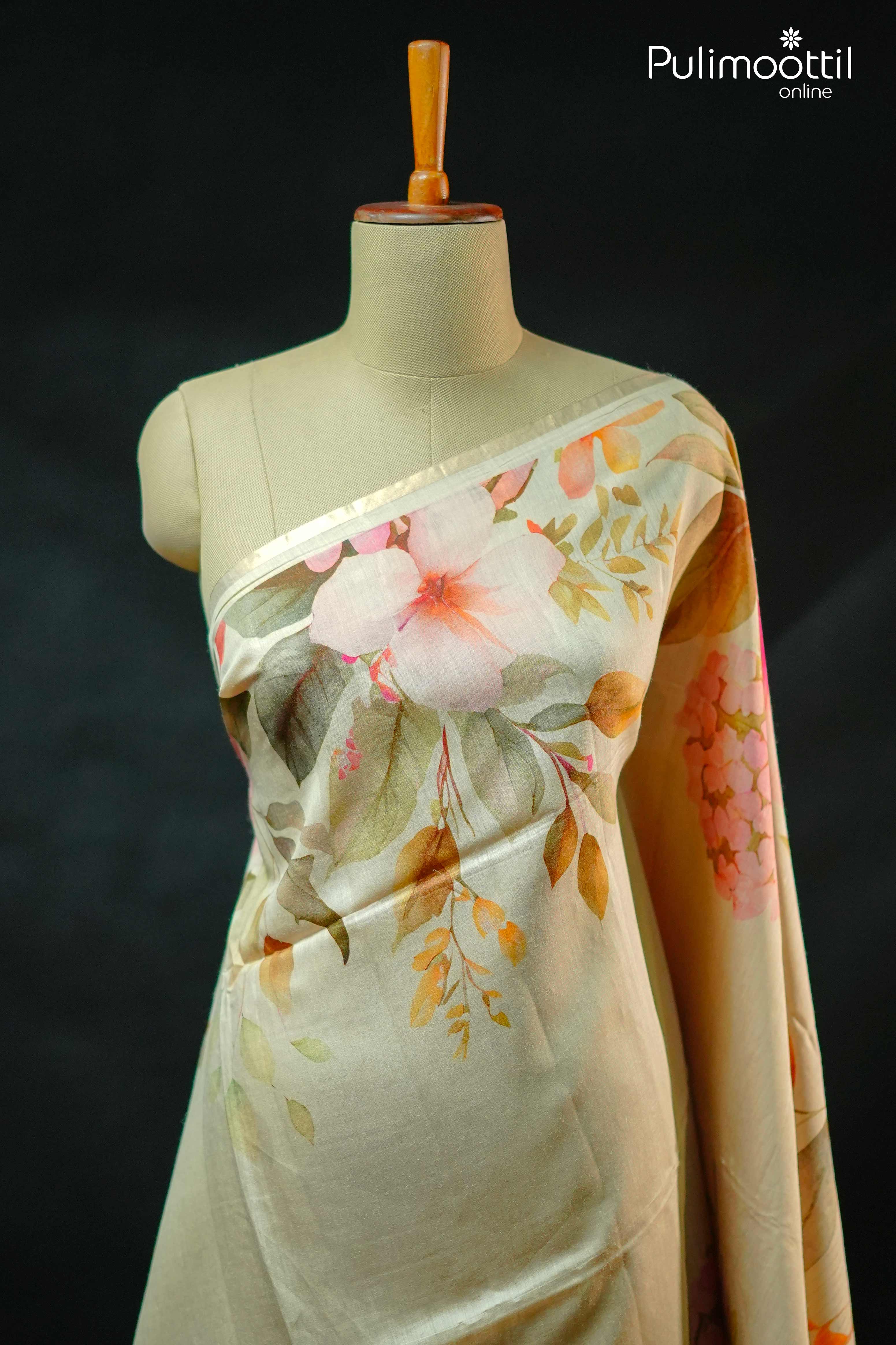 Cream Colour Pure Tussar Silks Saree.