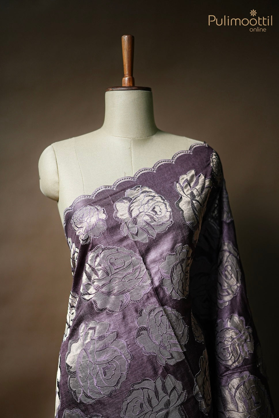 Mauve Purple Floral Applique Work Tussar Silk Saree