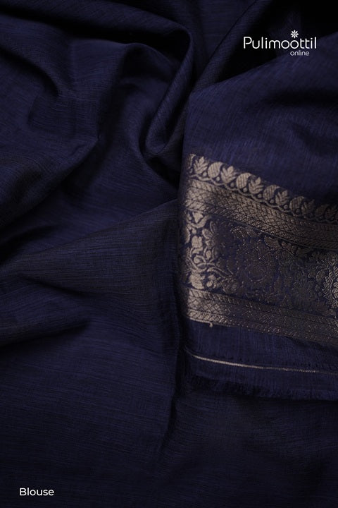 Navy Blue Semi Jute Saree With Zari Butta Work.