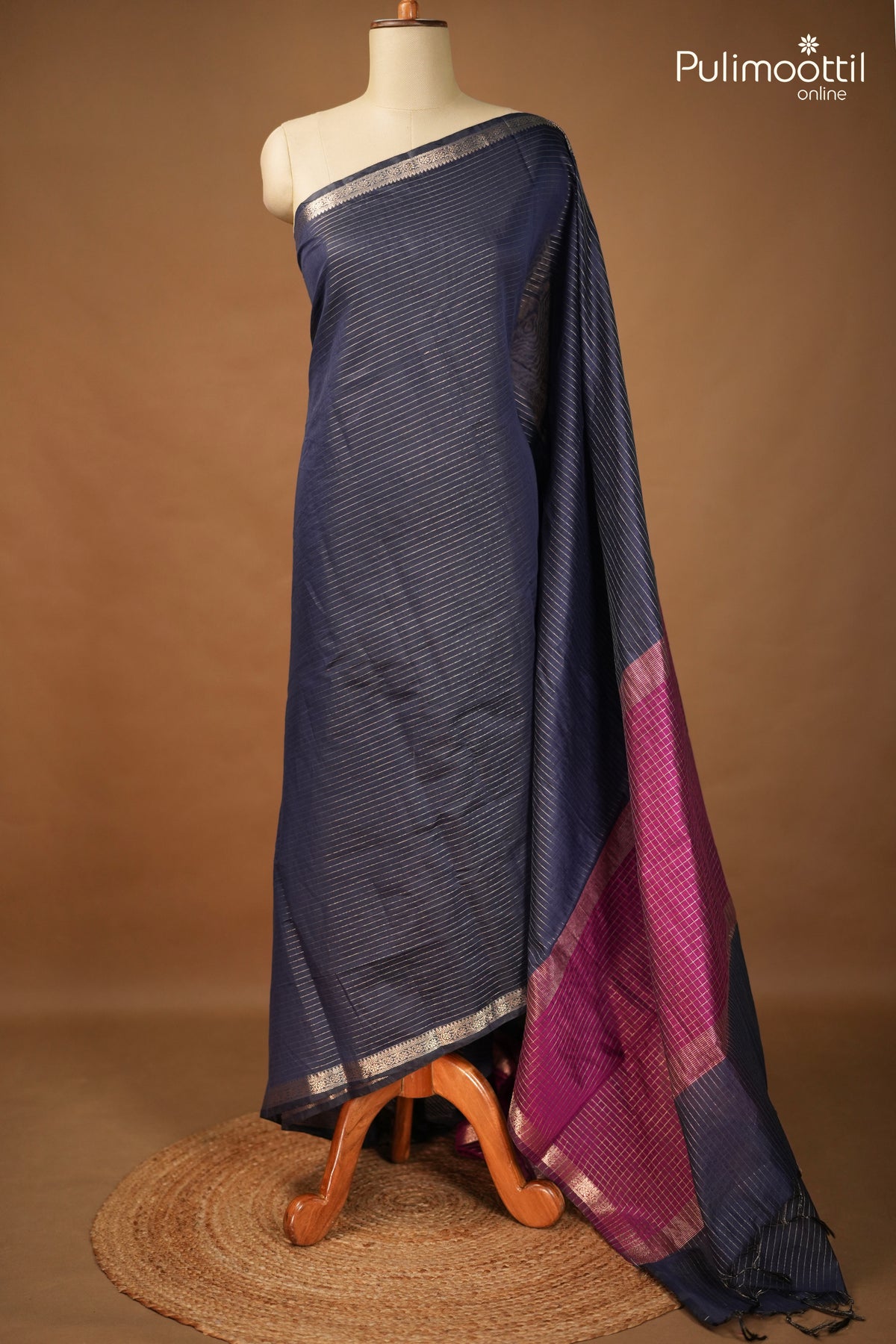 Navy Blue Semi Chanderi Saree