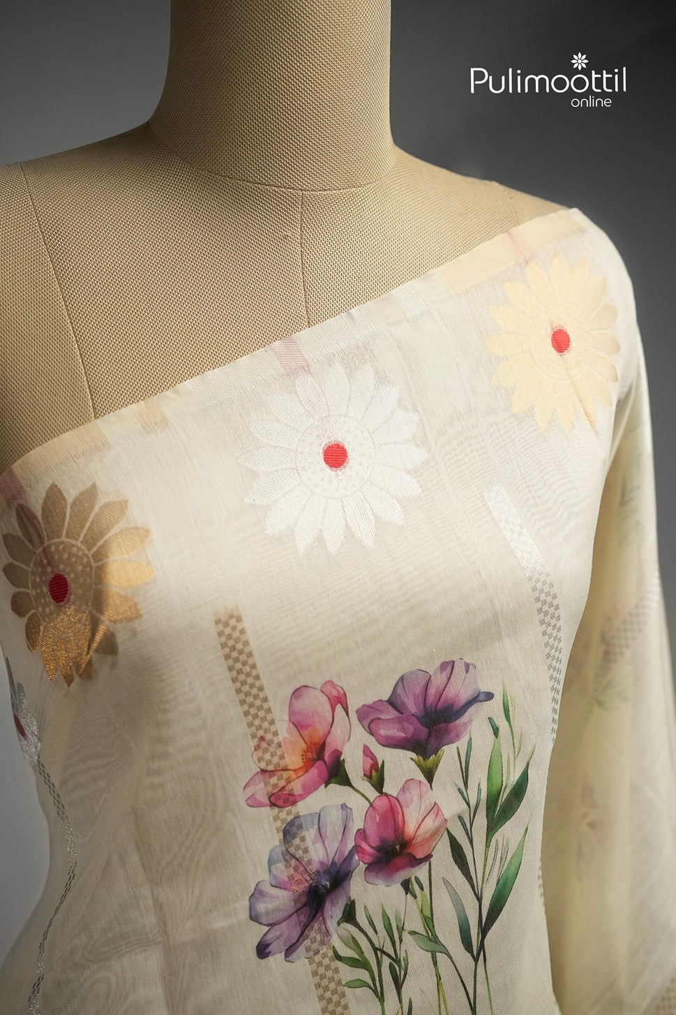 Off White Colour Semi Chanderi Traditional Saree