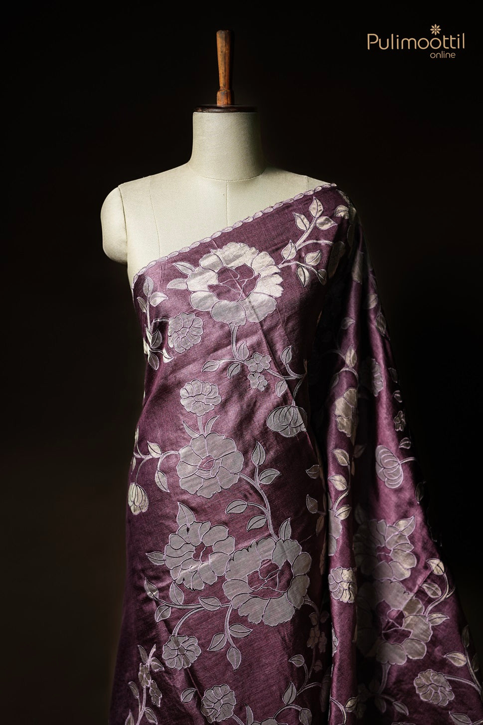 Dark Onion Colour Applique Tussar Silk Saree