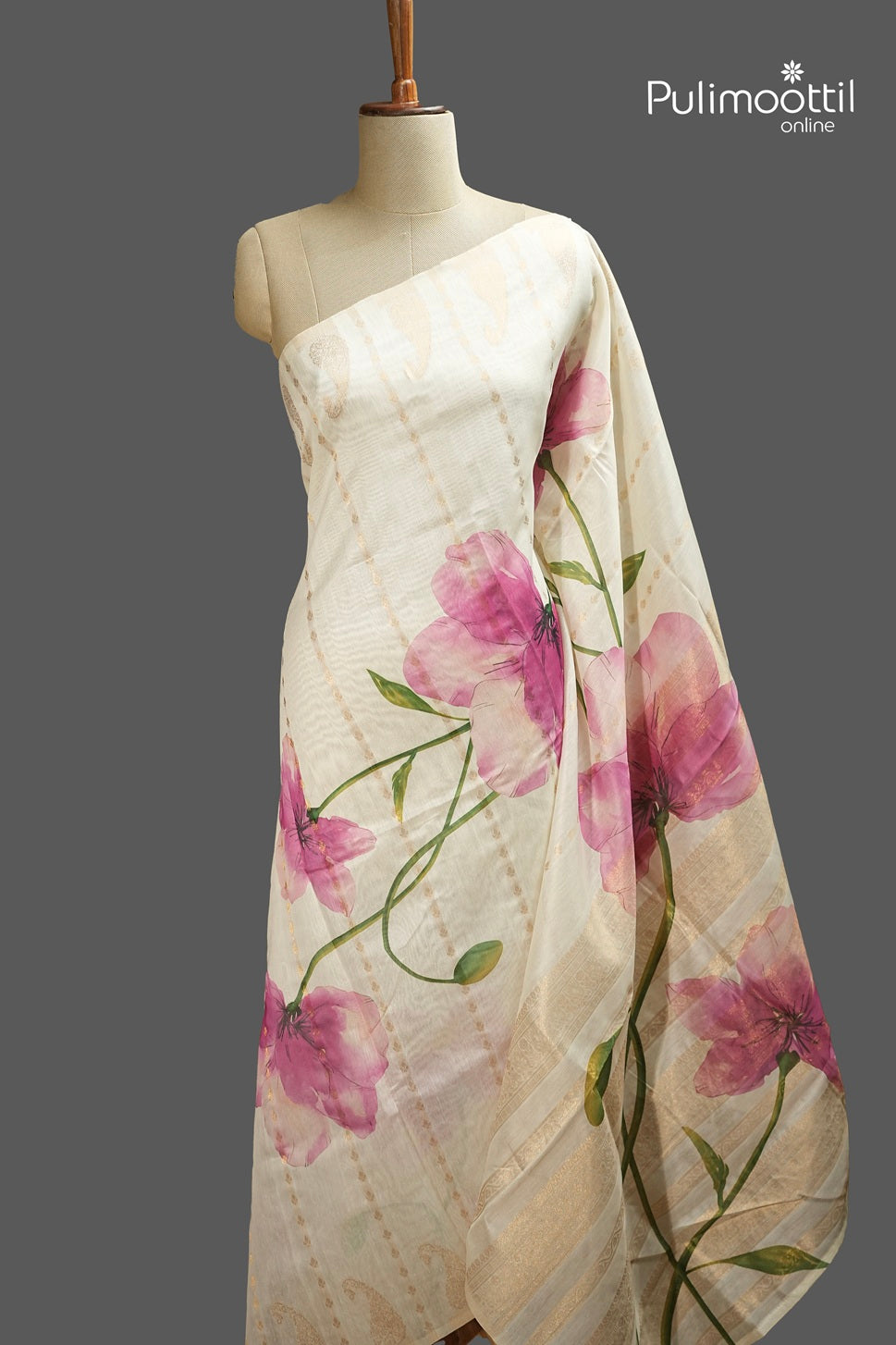 Off White Colour Semi Chanderi Traditional Saree
