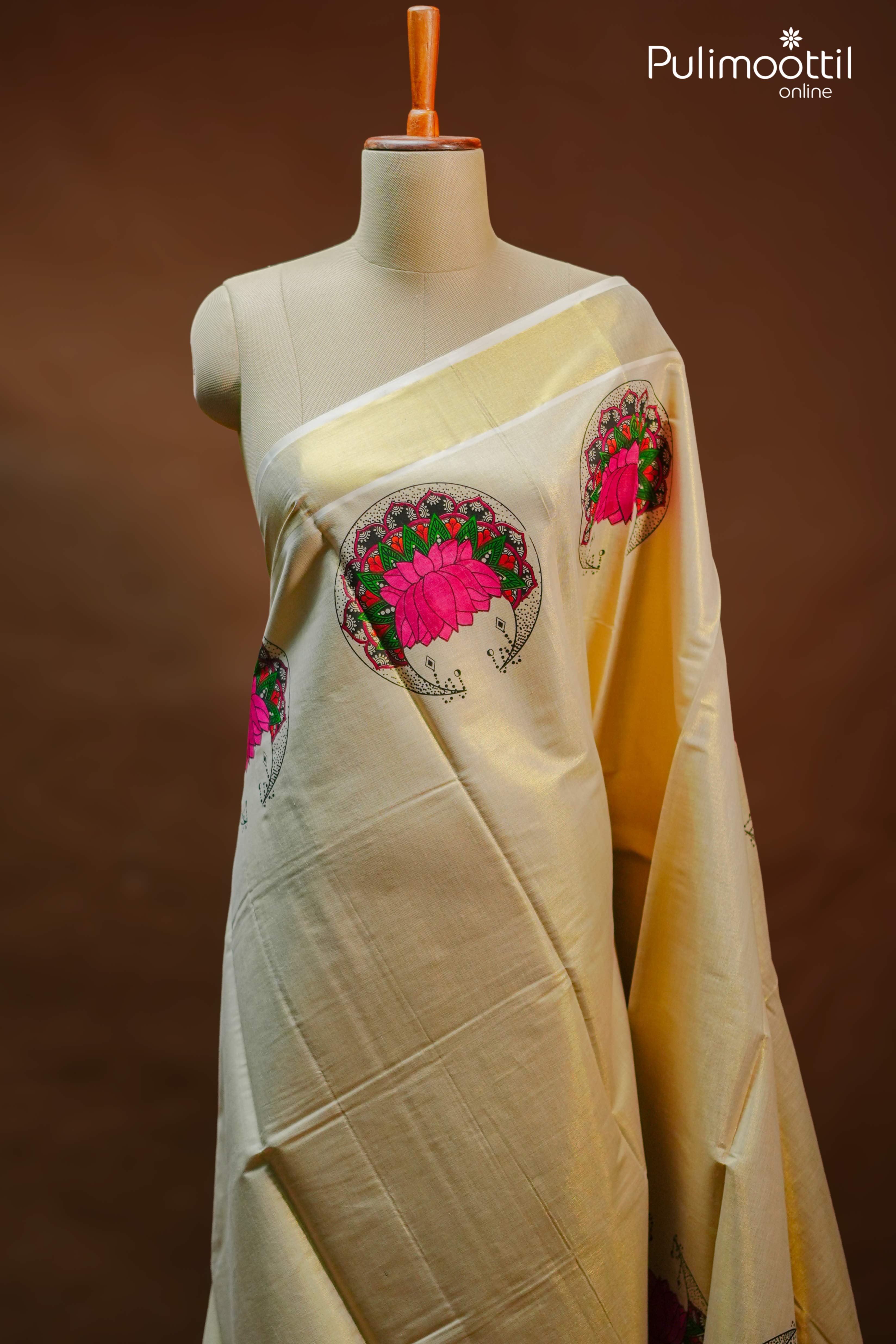 Cream Colour Kerala Traditional Set Saree.