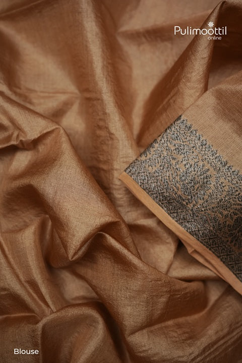 Semi Tussar Silk Saree With Stroke Pattern In Earthy Chocolate Brown And Beige Tones.