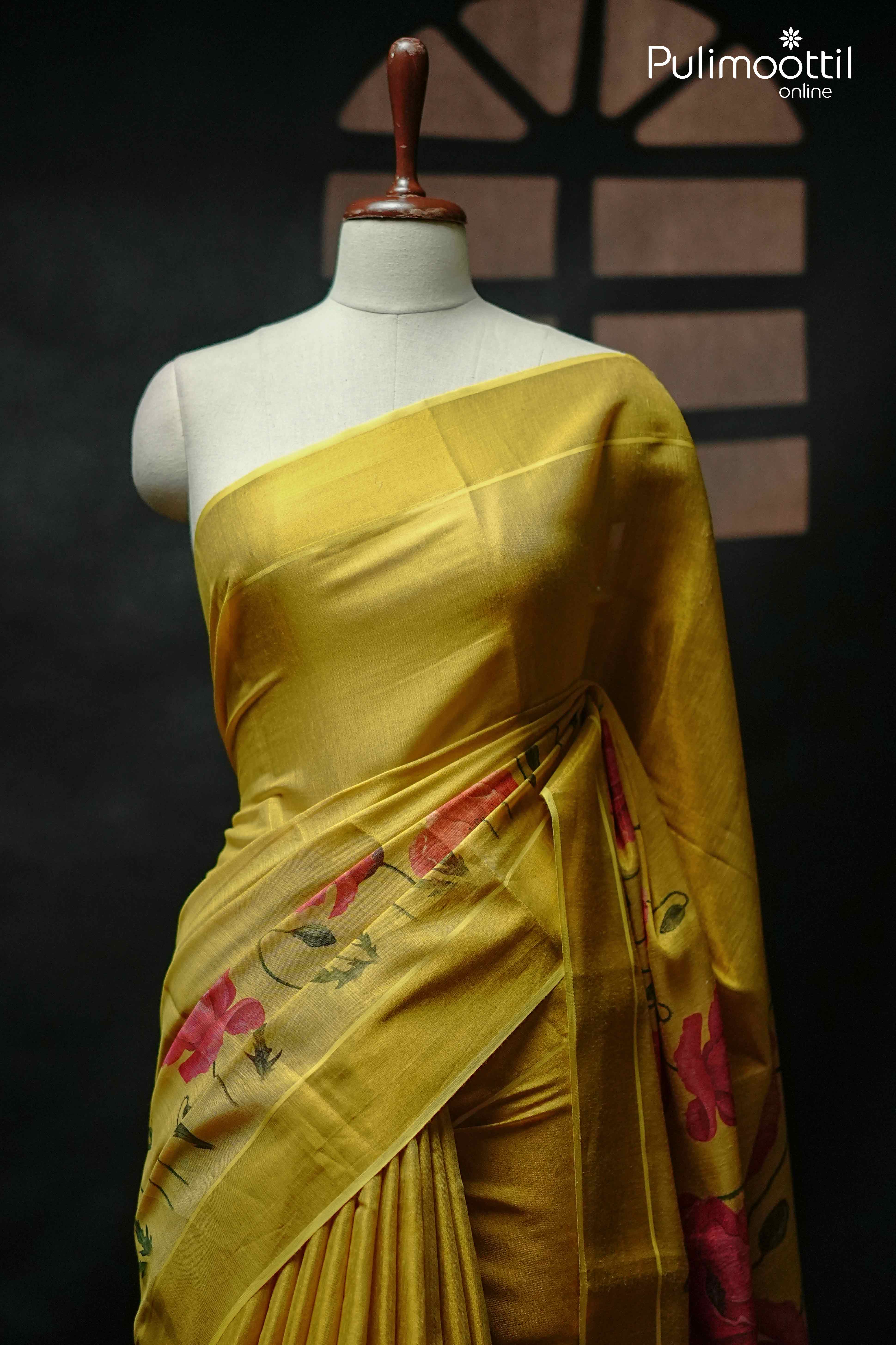 Golden Yellow Colour Kerala Traditional Tissue Set Saree