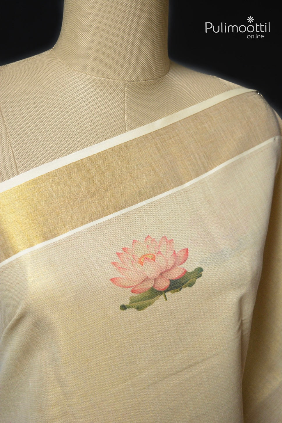 Kerala Traditional Golden Tissue Lotus Printed Set Saree