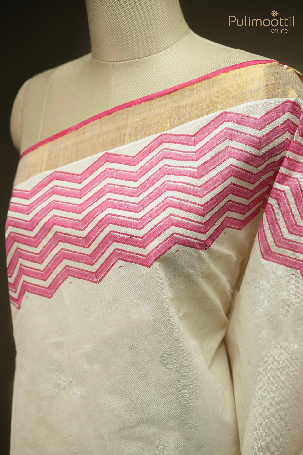 Off White Colour Block Printed Silk Saree