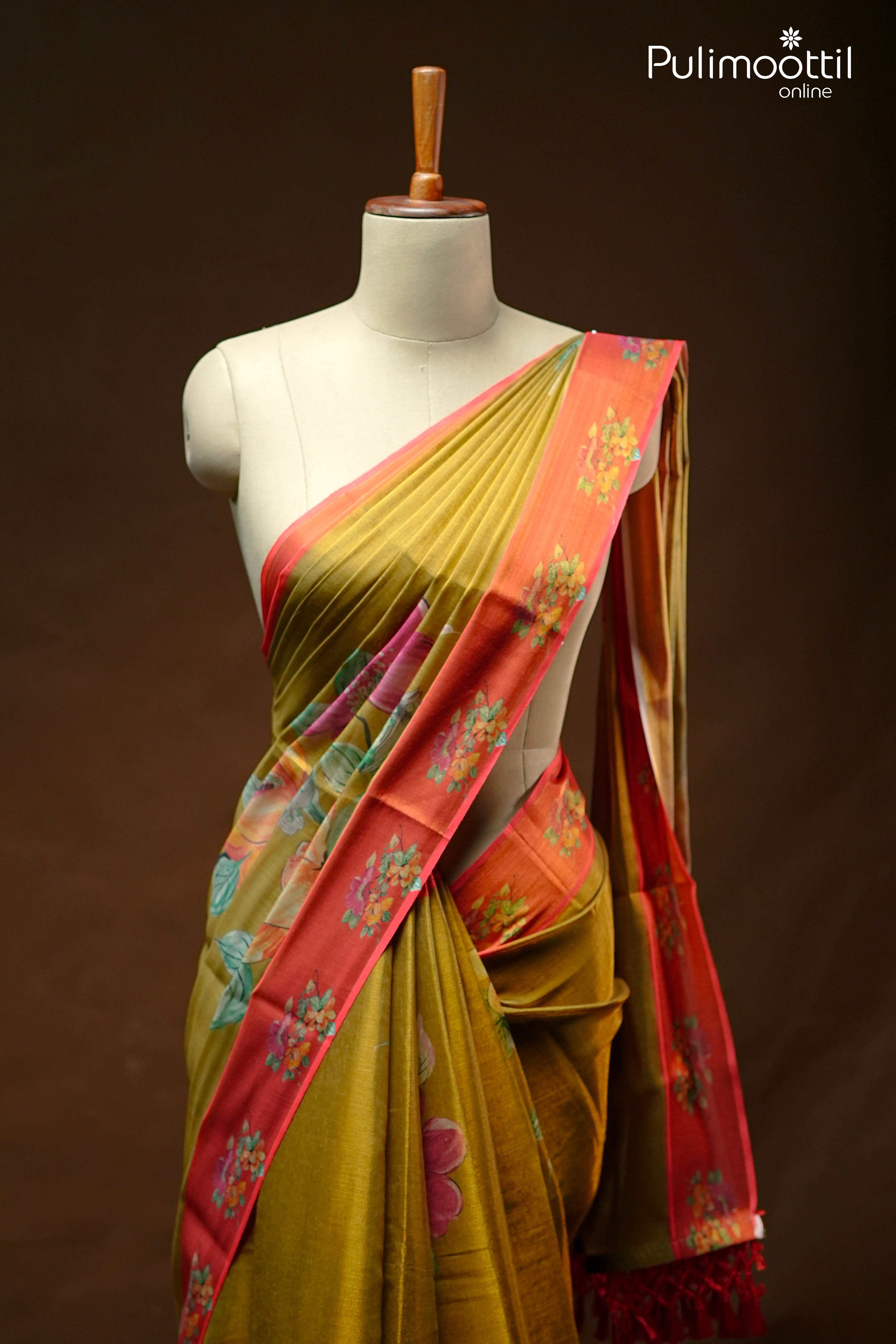 Olive Green Tissue Silk Saree.