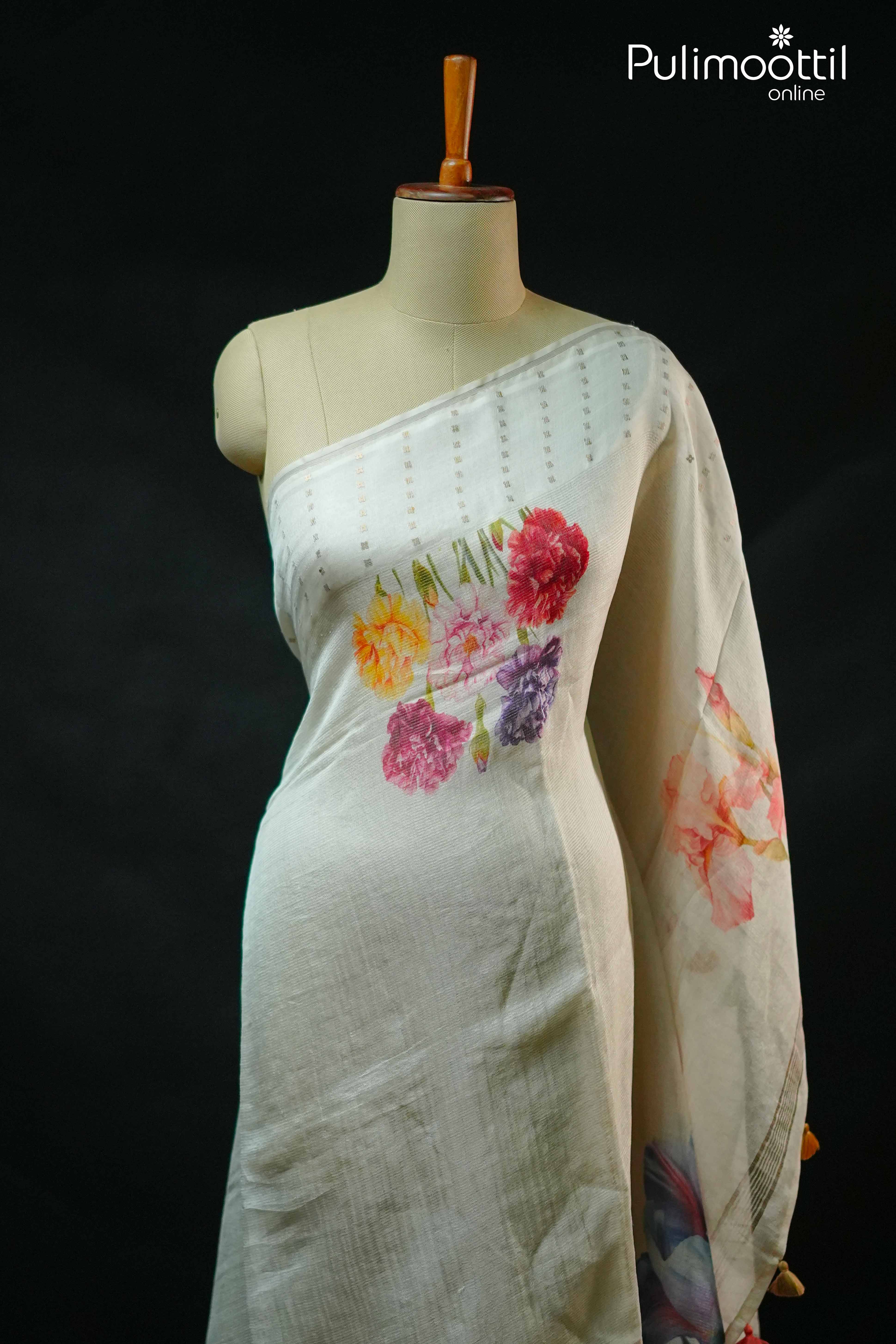 Cream Colour Silky Cotta Silk Saree.