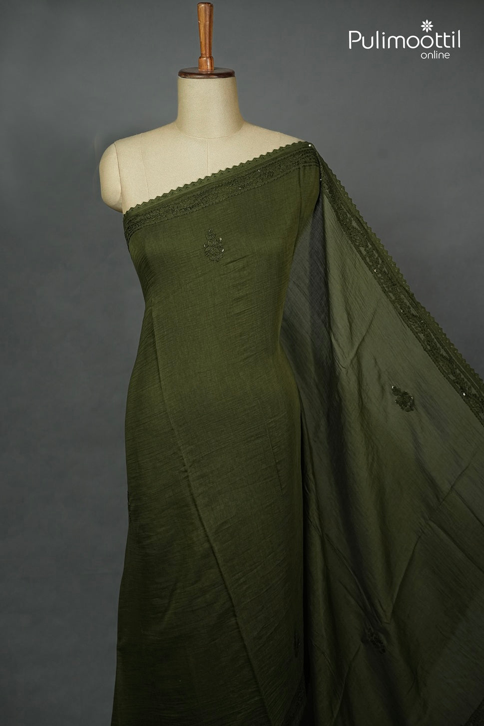 Dark Olive Green Colour Chanderi Chikankari Saree