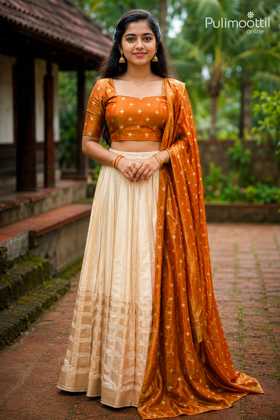 Ready-to-Stitch Offwhite Colour Golden Tissue Dhavani Set